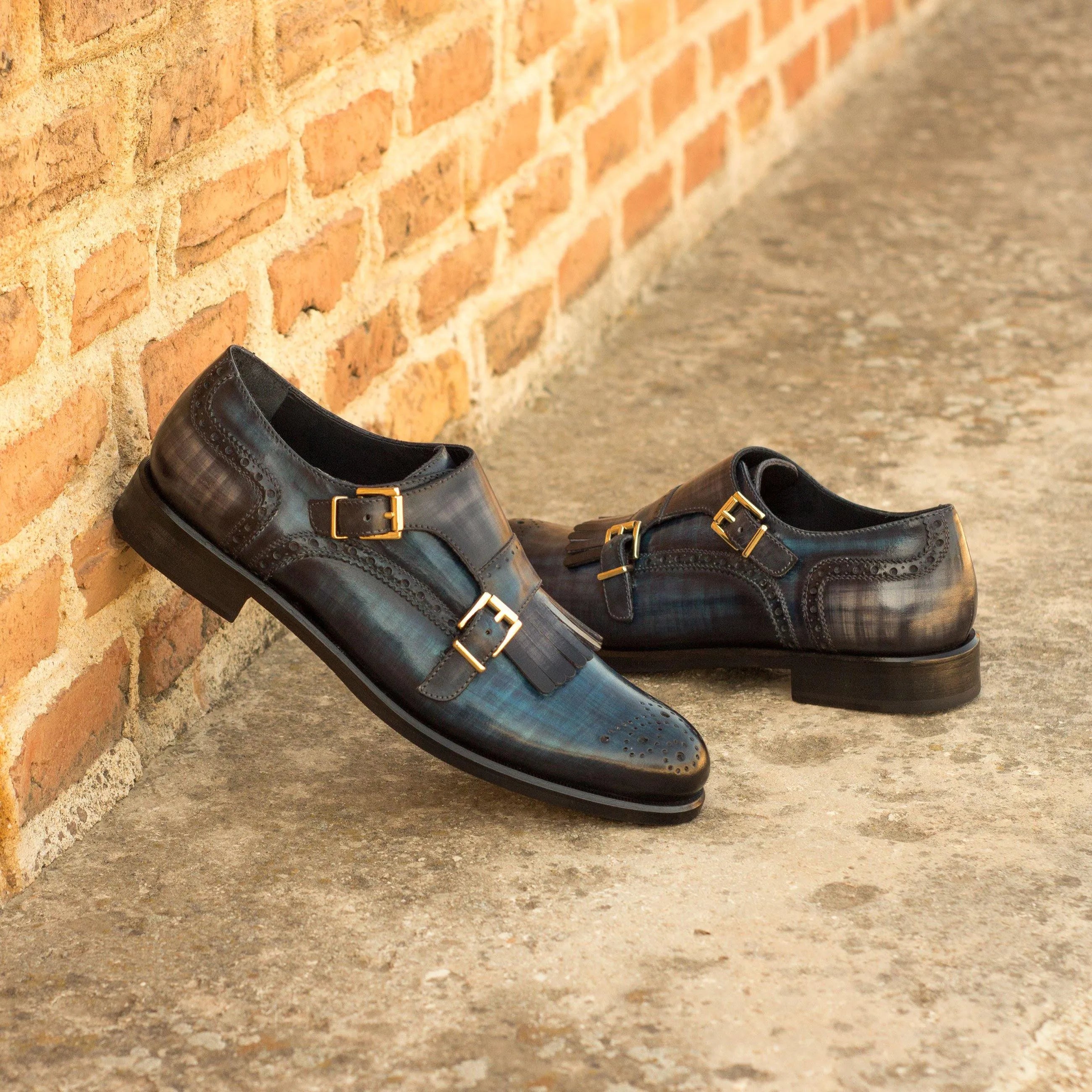 Gawain Kiltie Womens blue leather double monk strap shoes II