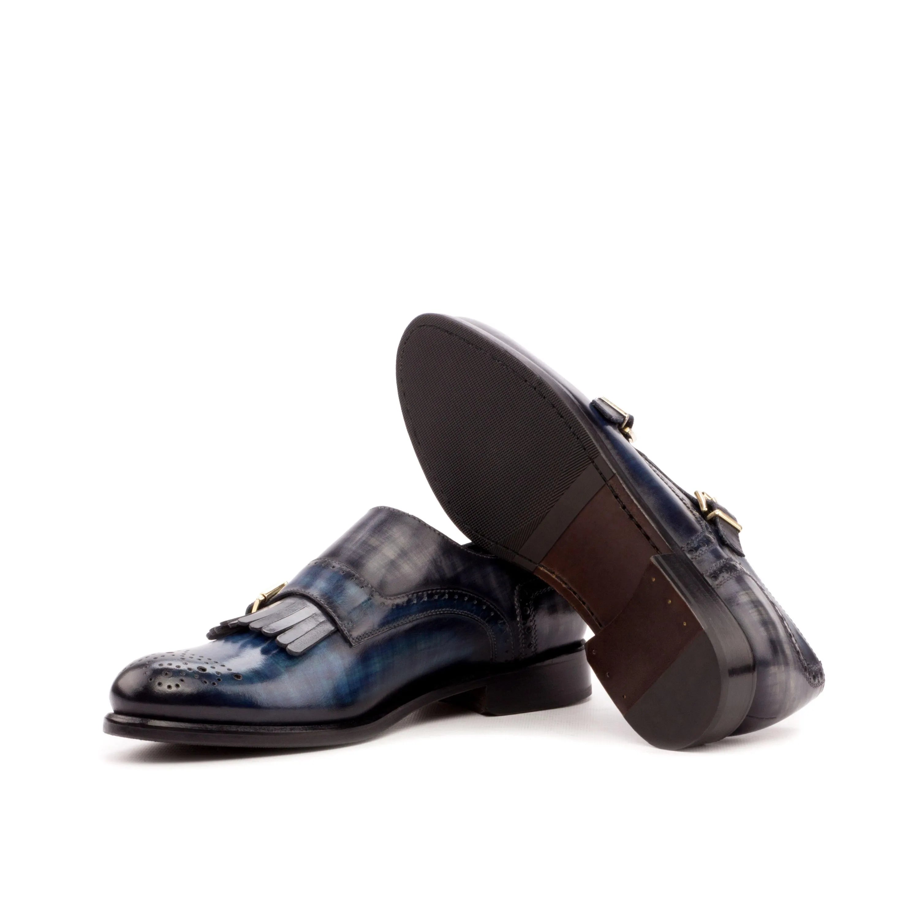 Gawain Kiltie Womens blue leather monk strap loafers with crust patina