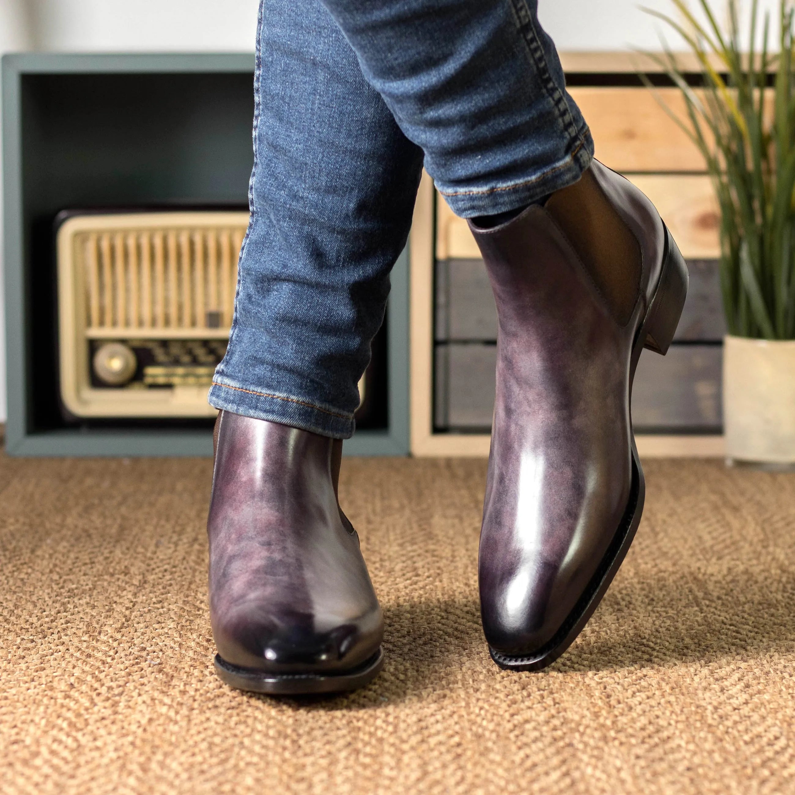 Georgian patina Chelsea boots in purple leather