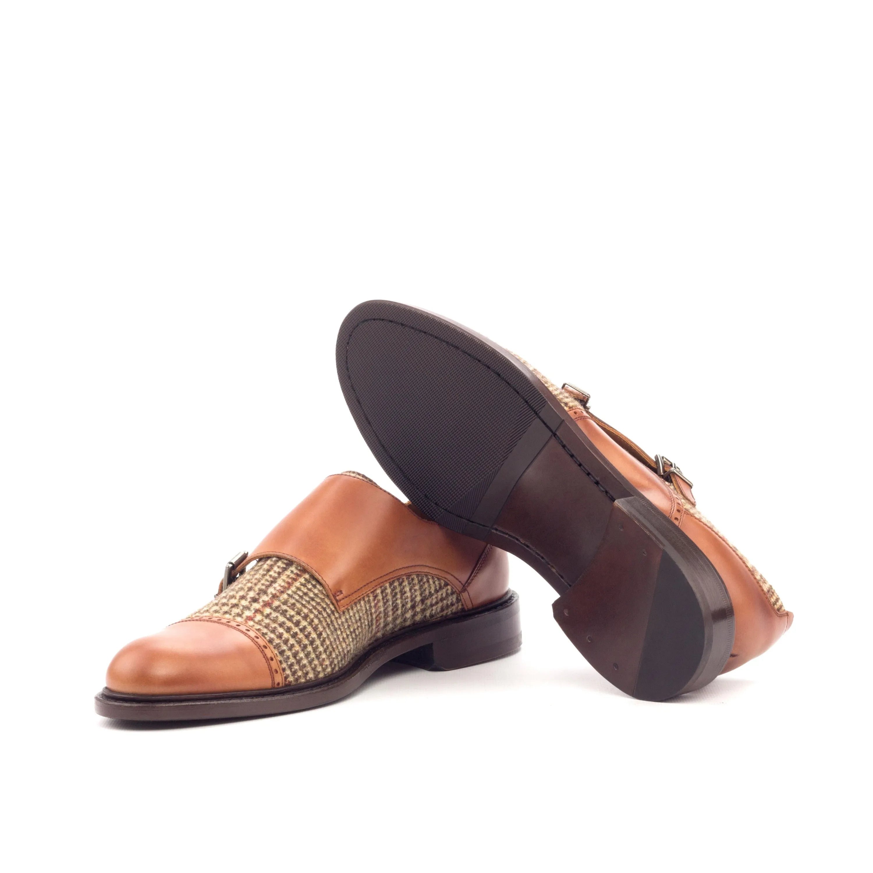 Gina women double monk brown leather tweed shoes