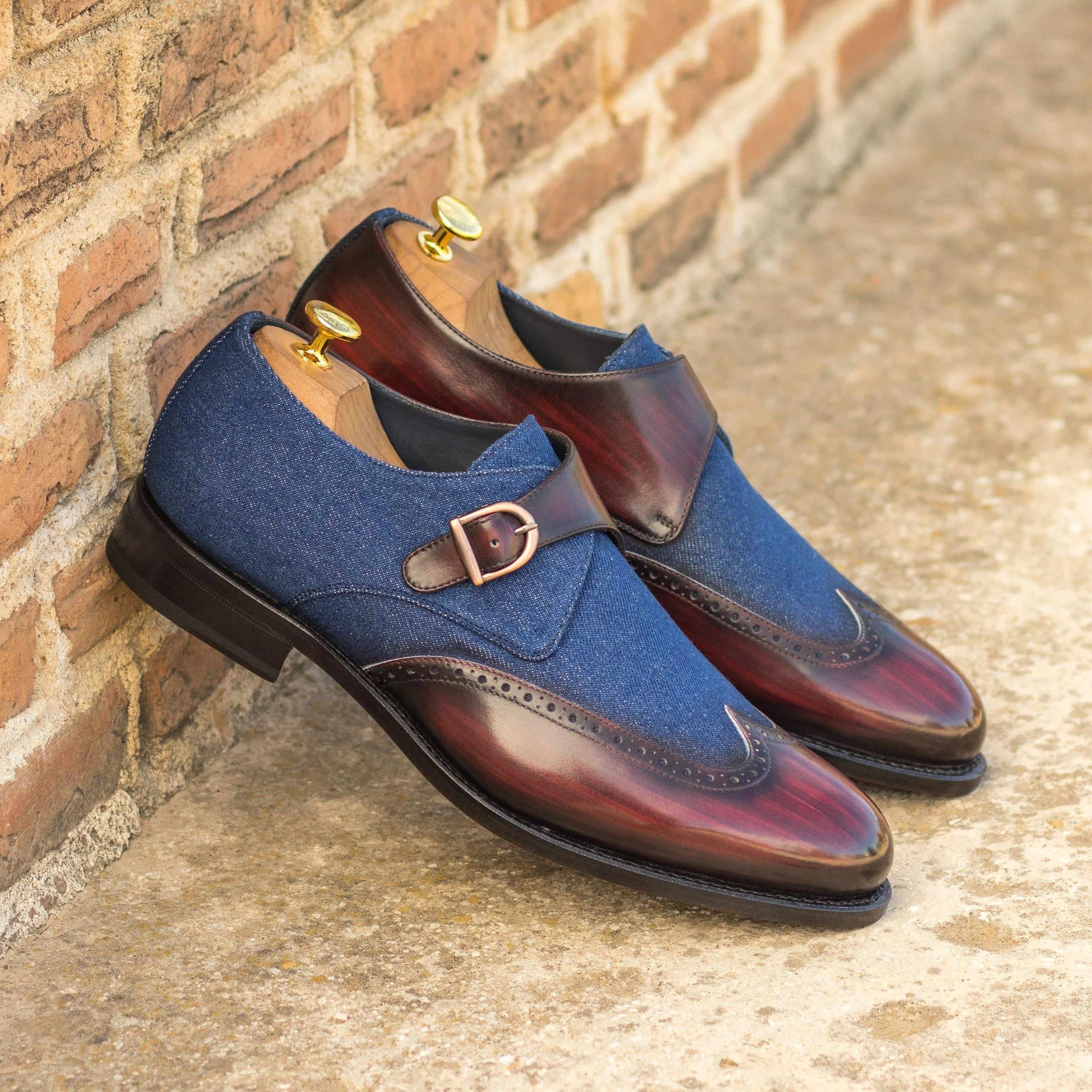 Givario single monk patina shoes in stylish denim and leather
