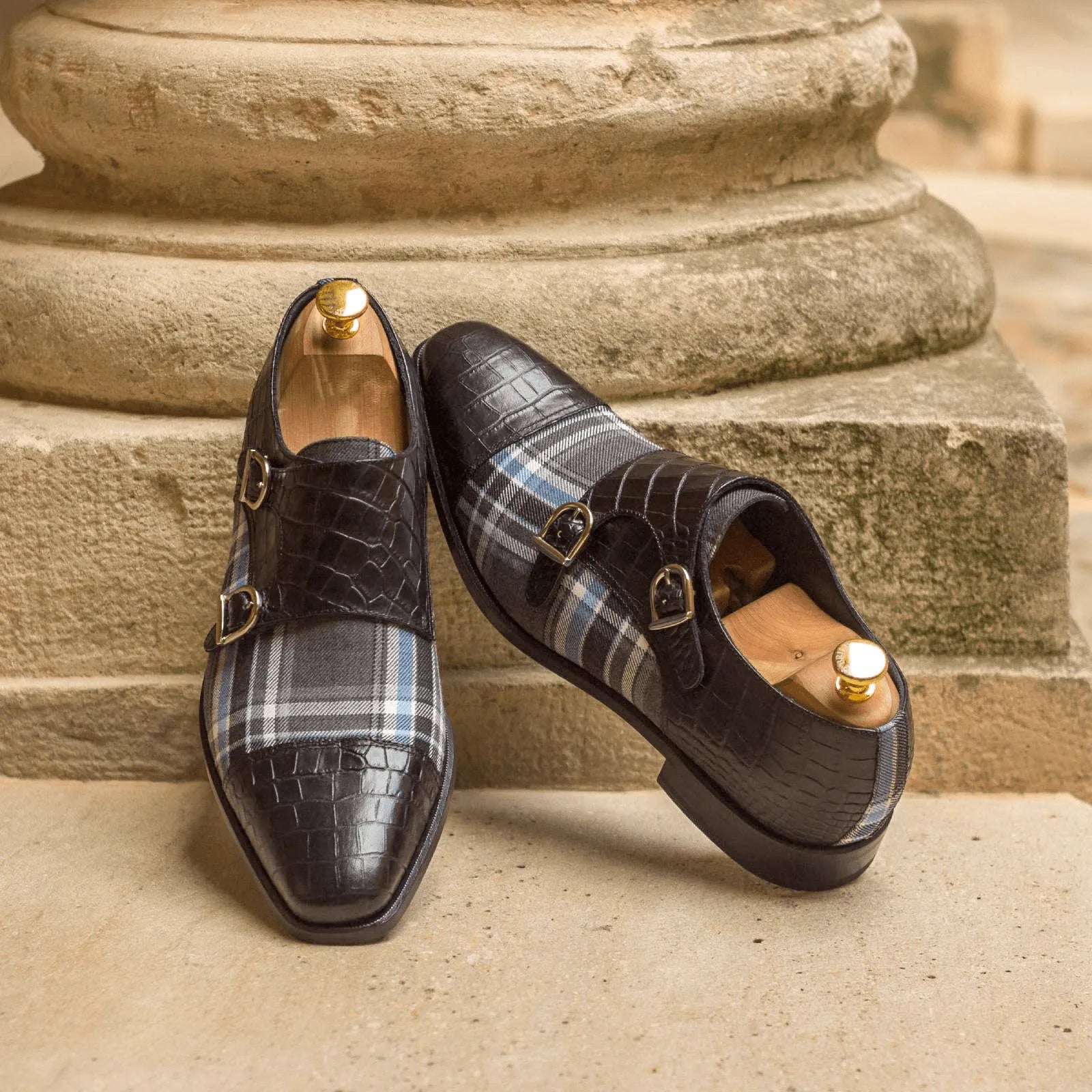 Glimco Double Monk stylish plaid and crocodile leather shoes
