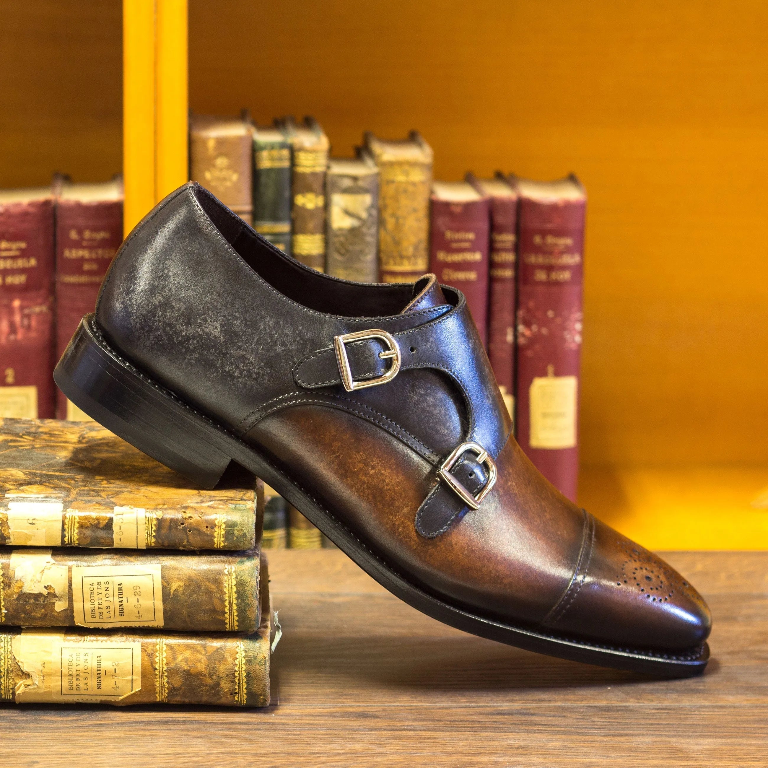 Harvey double monk patina brown leather shoe back view
