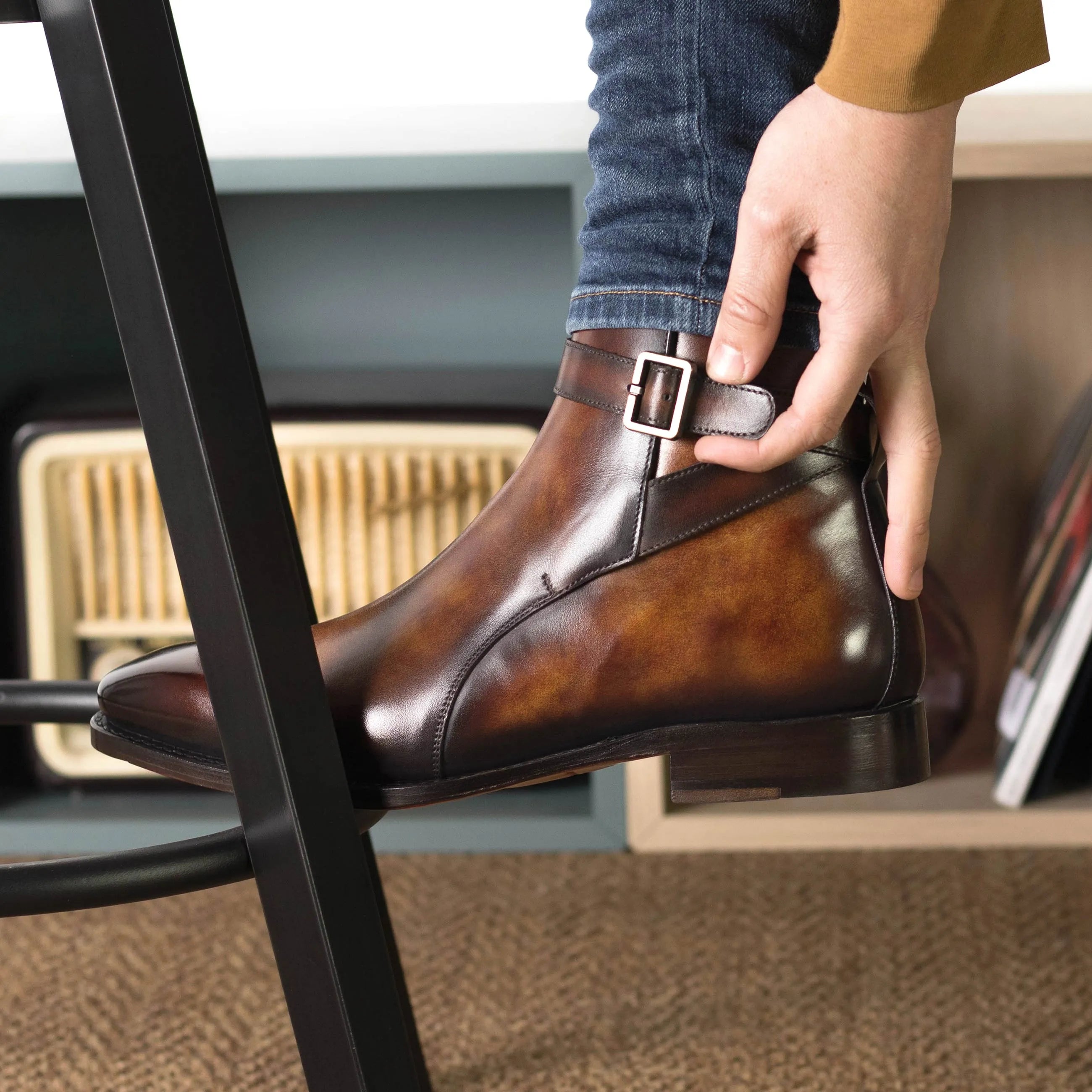 Brown leather Horizon Patina Jodhpur boots with buckle
