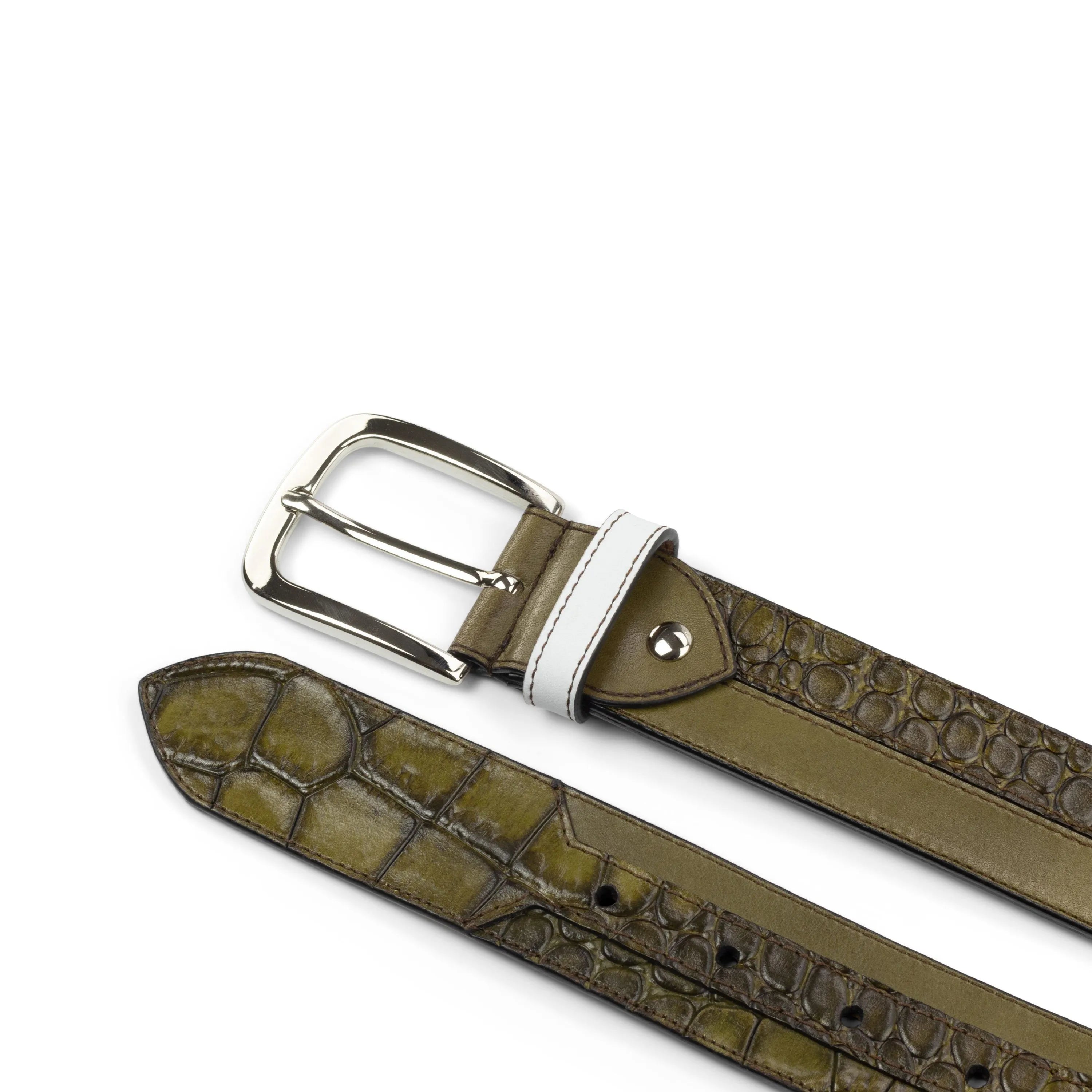 Howard Marseille belt in olive green crocodile pattern
