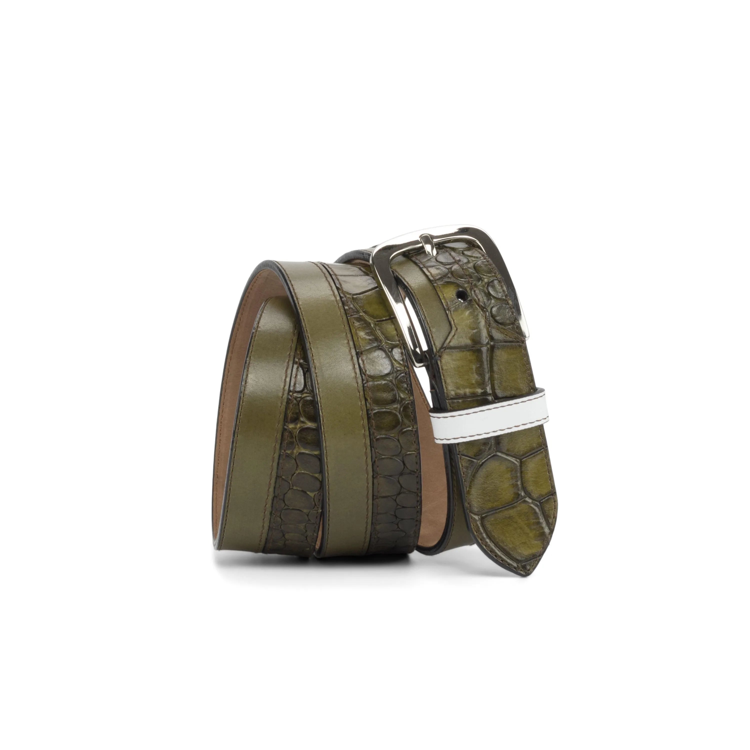 Howard Marseille belt in olive green crocodile pattern