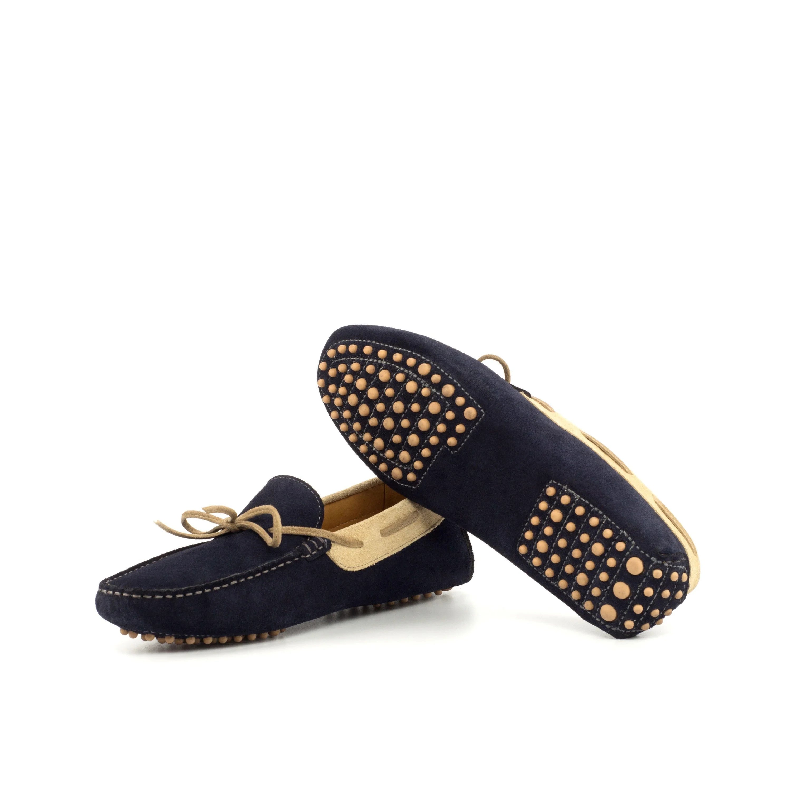 Hudson Driver II navy blue suede loafers with gold studs, tan laces