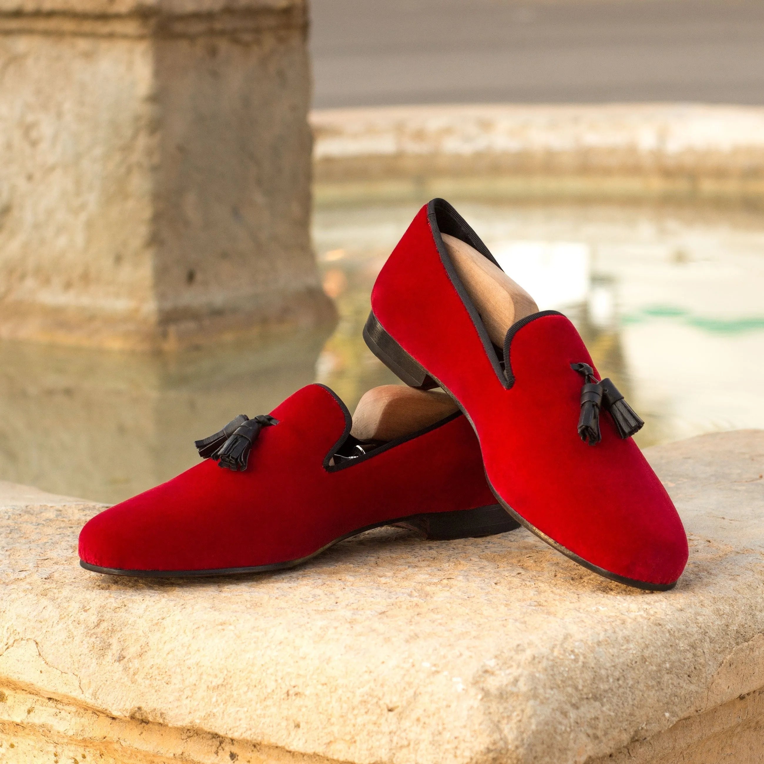Ivymain Wellington slipon red velvet tassel loafers