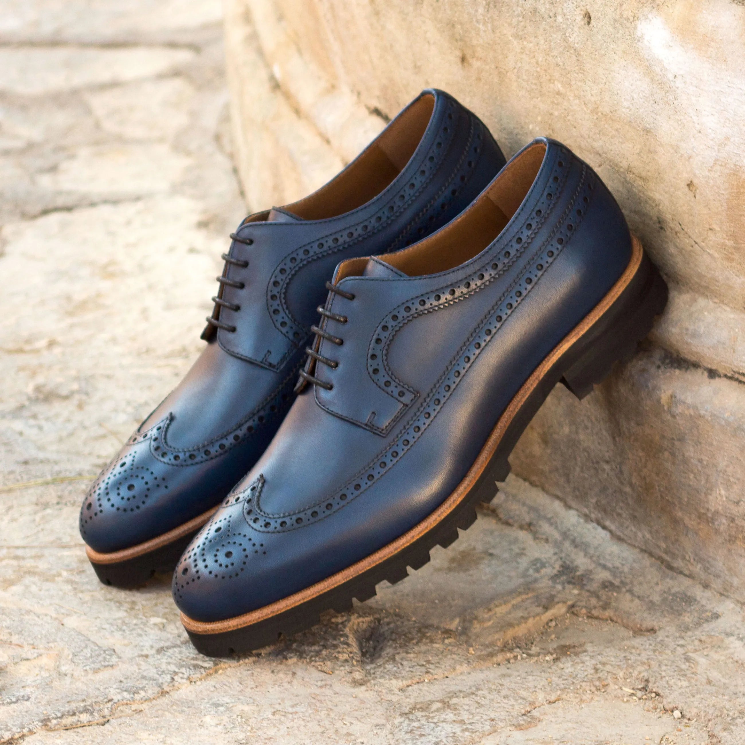 JackD Longwing Blucher blue leather brogue shoes