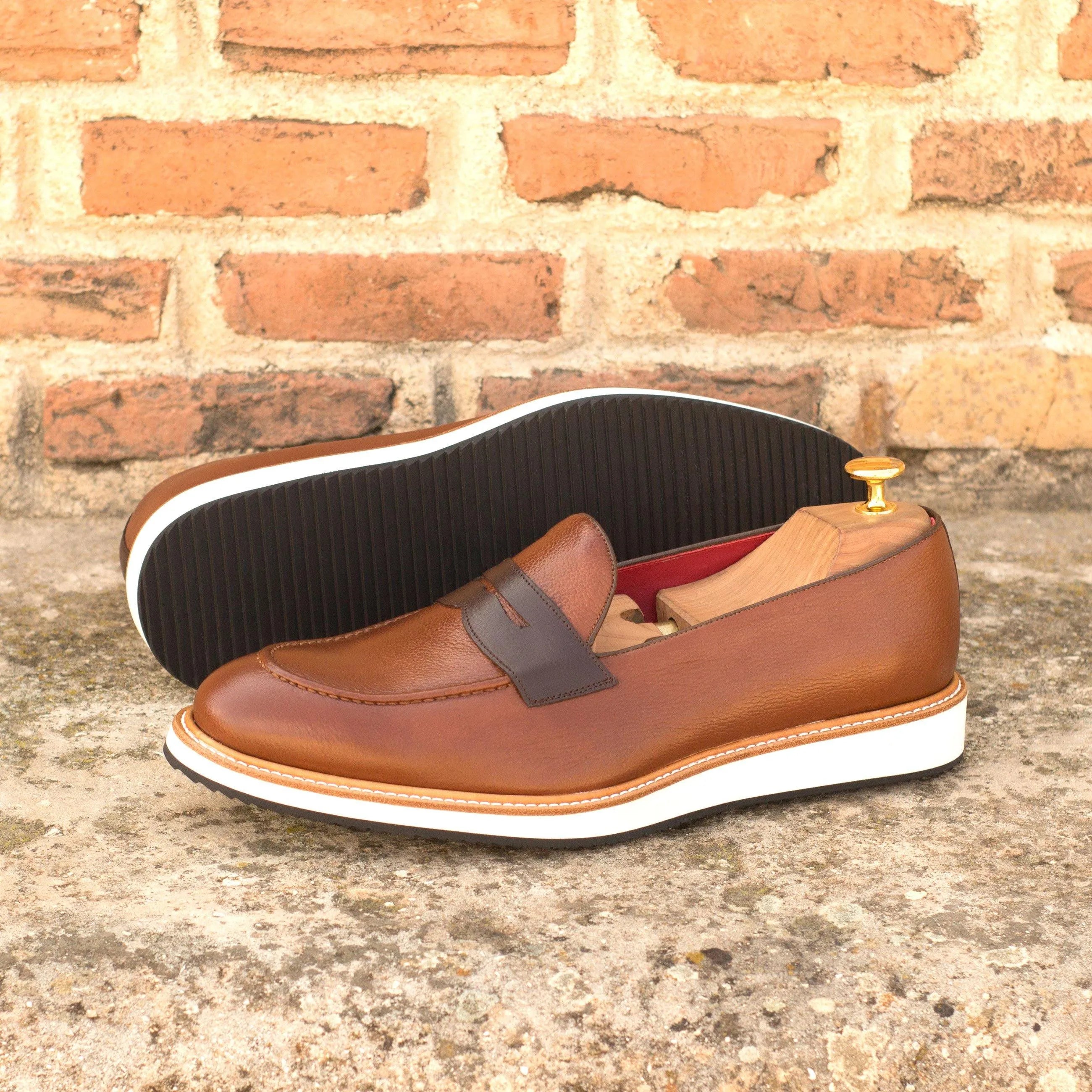 James Lu loafers: brown leather penny loafers with hand-painted patina