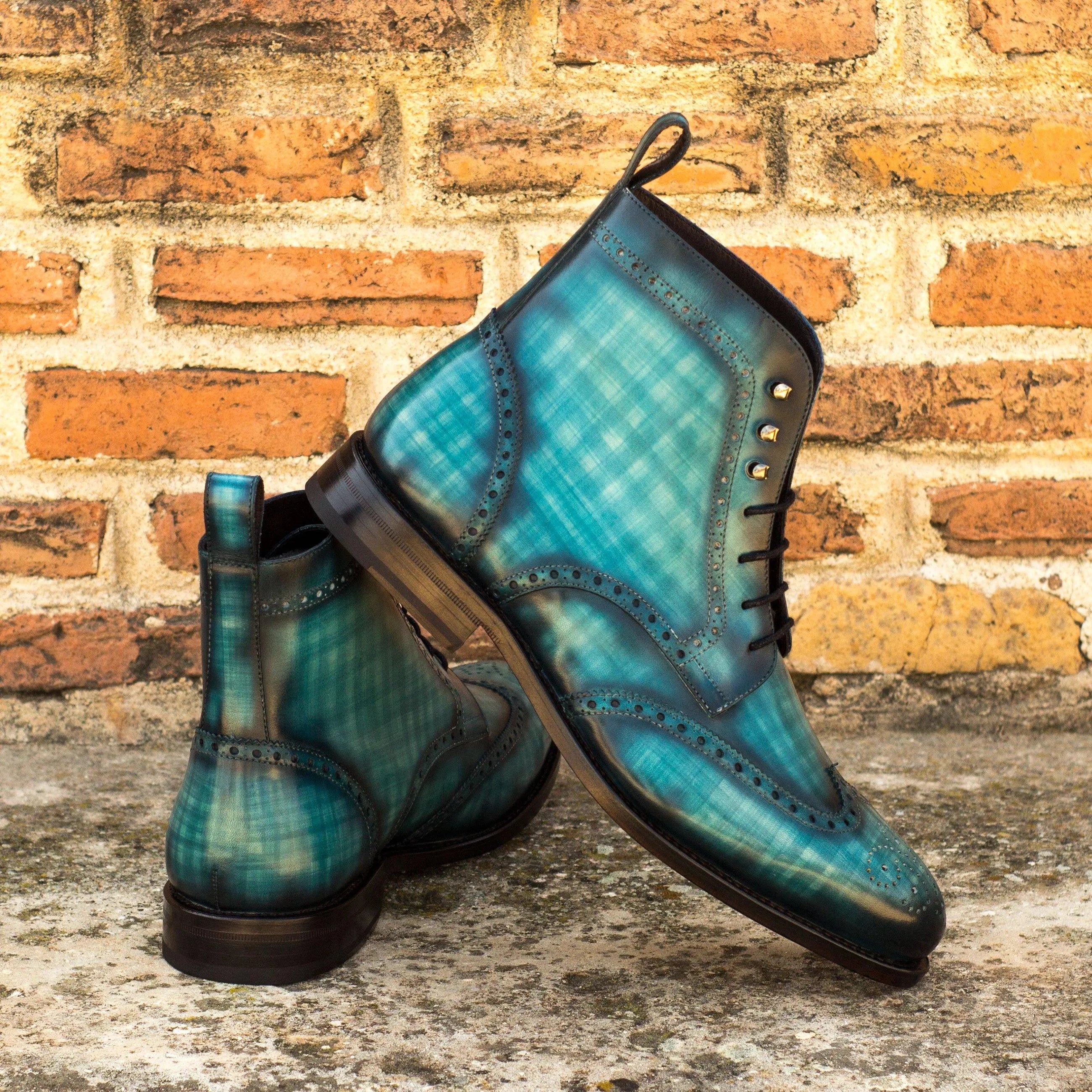 Jarson military brogue patina boots in blue plaid leather