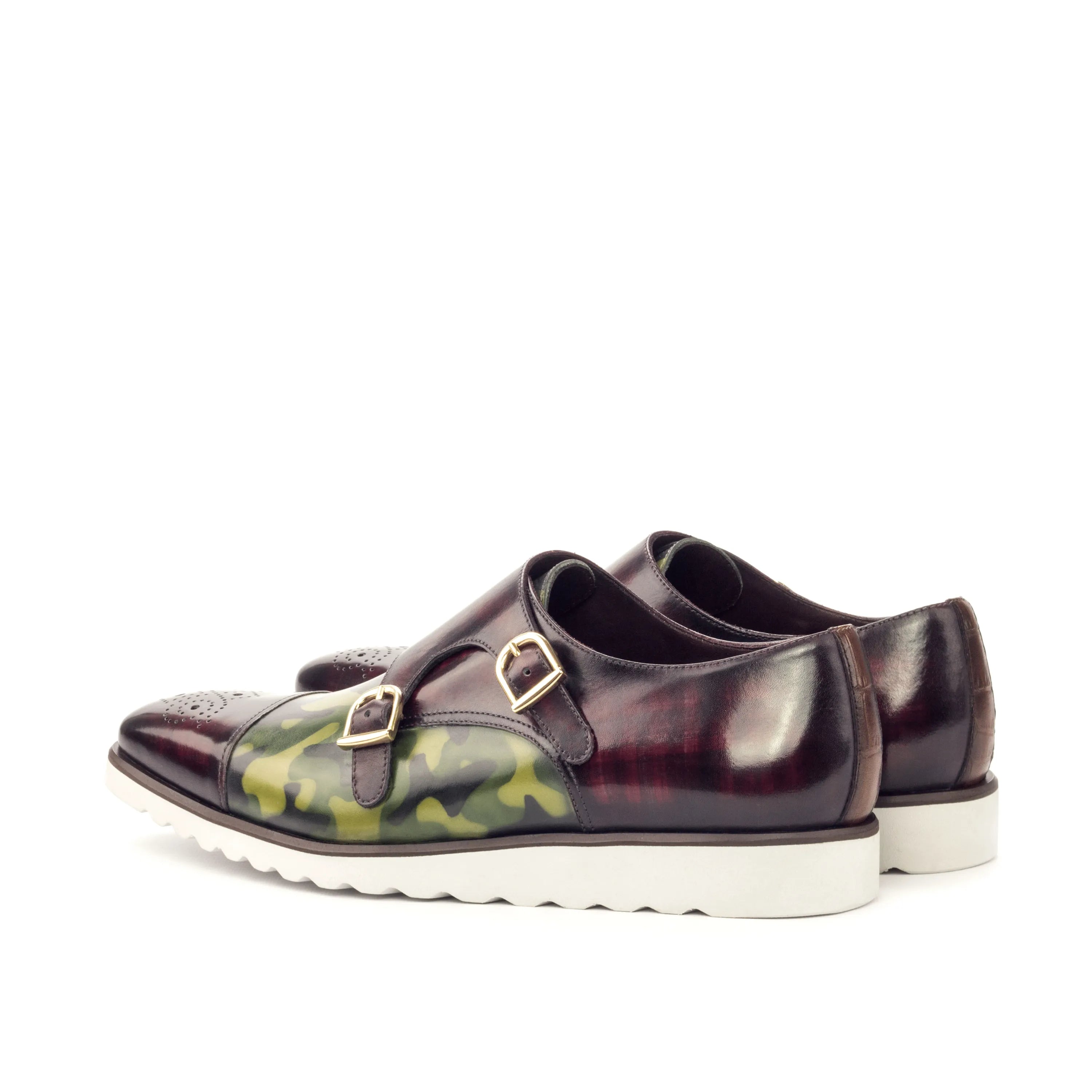 Juan double monk patina shoes in burgundy and camouflage