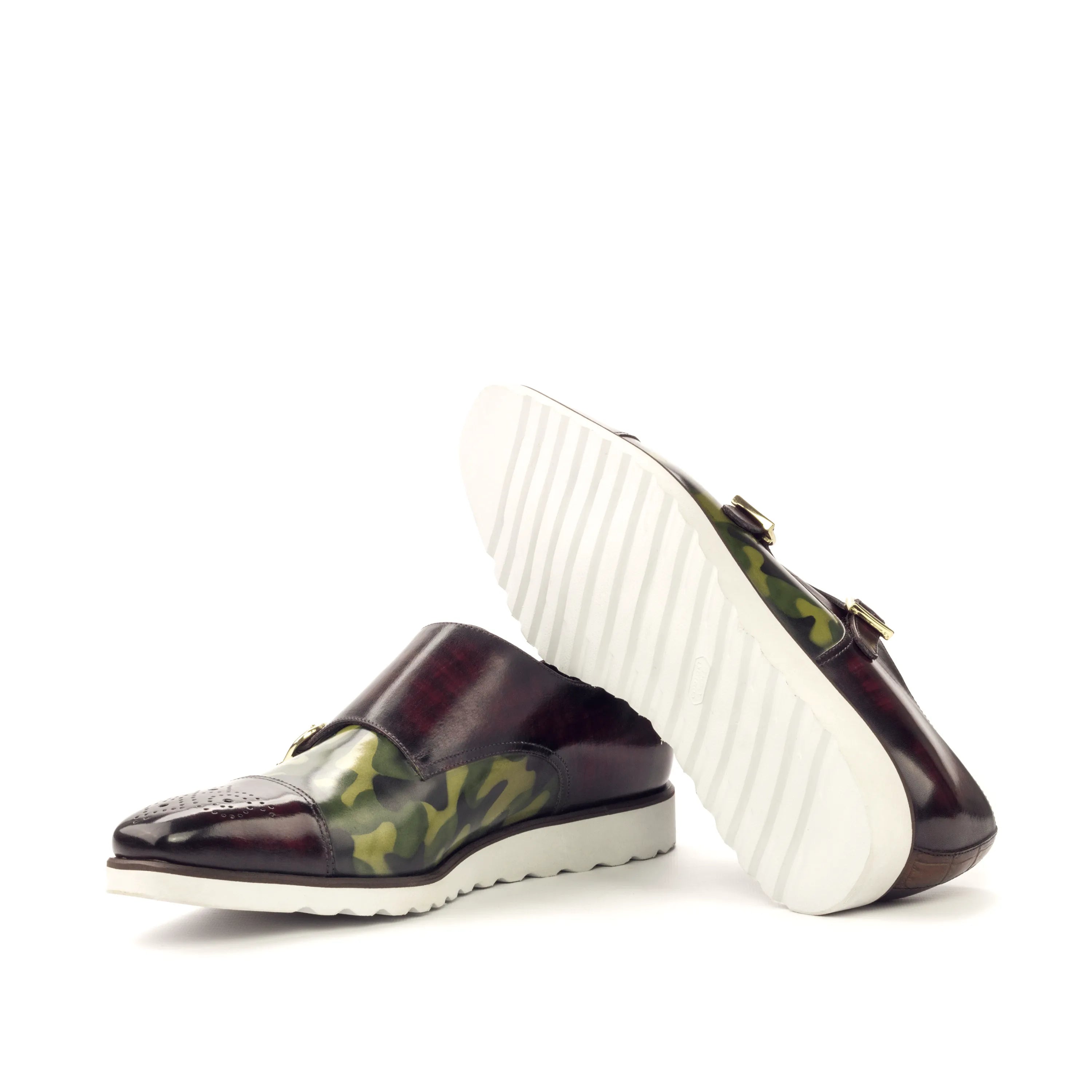 Juan double monk patina shoes in burgundy and camouflage