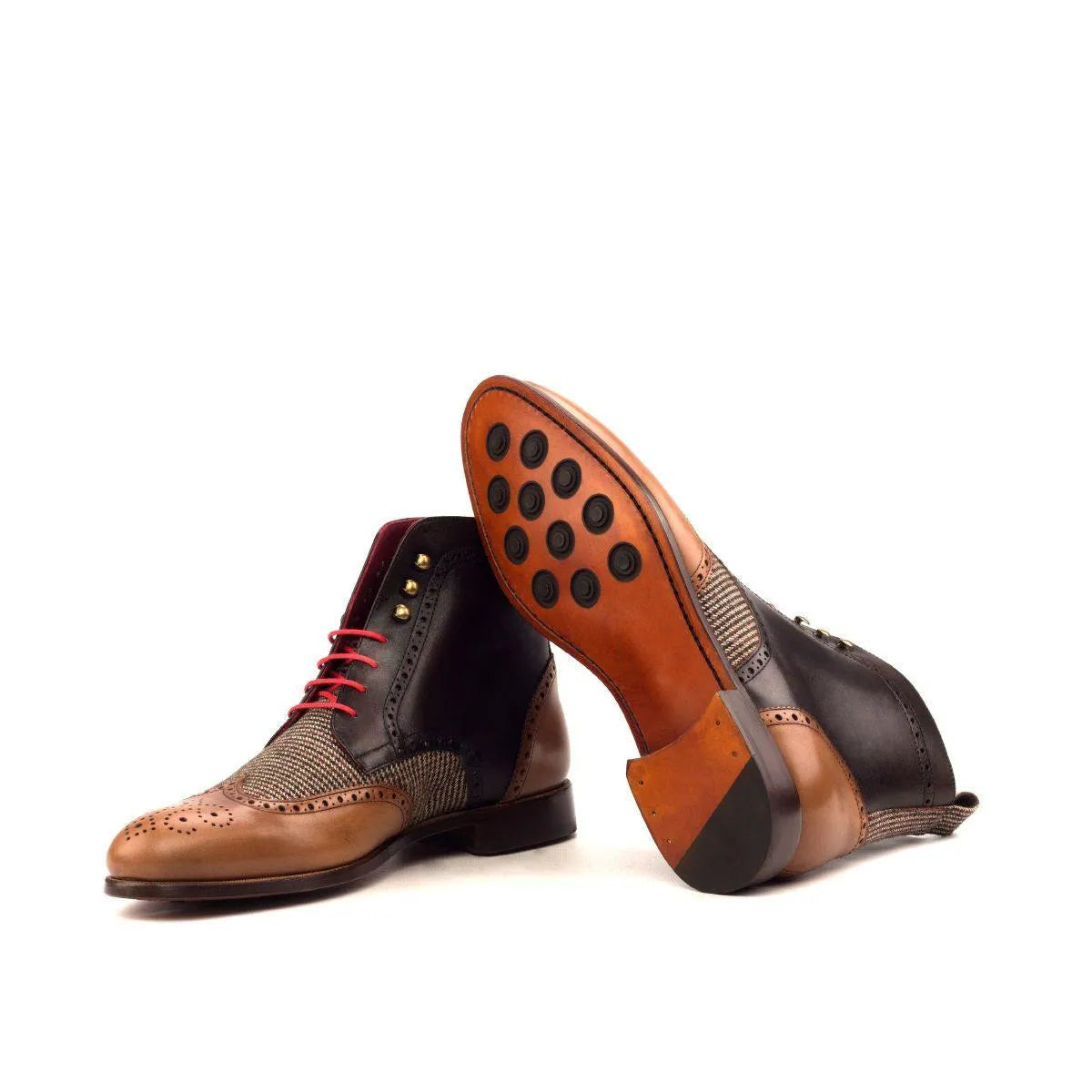 Juda military brogue boots in two-tone leather and tweed, brown painted calf