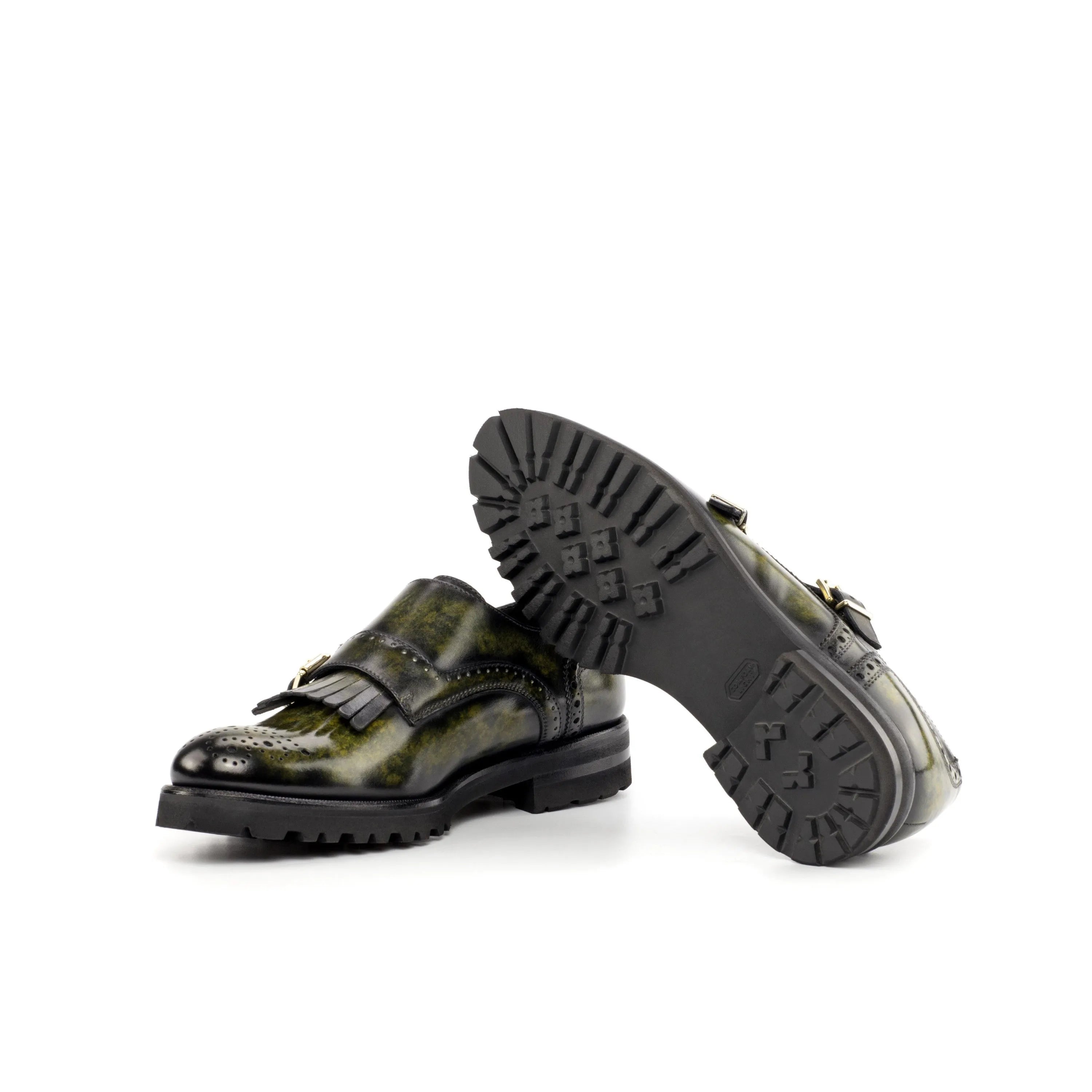 Juju Kiltie Patina womens monk strap shoes in green leather
