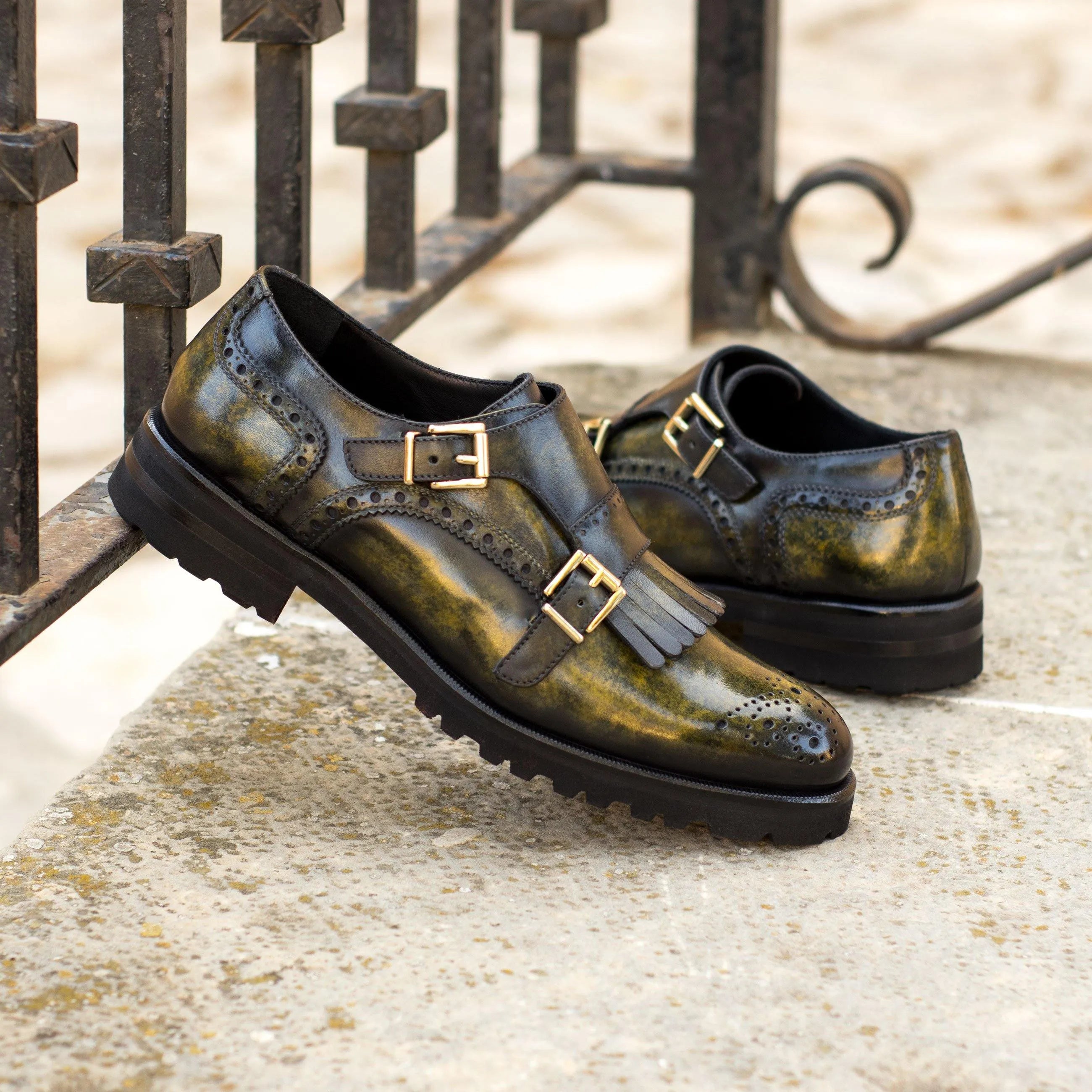 Juju Kiltie Patina womens monk strap shoes in olive green leather