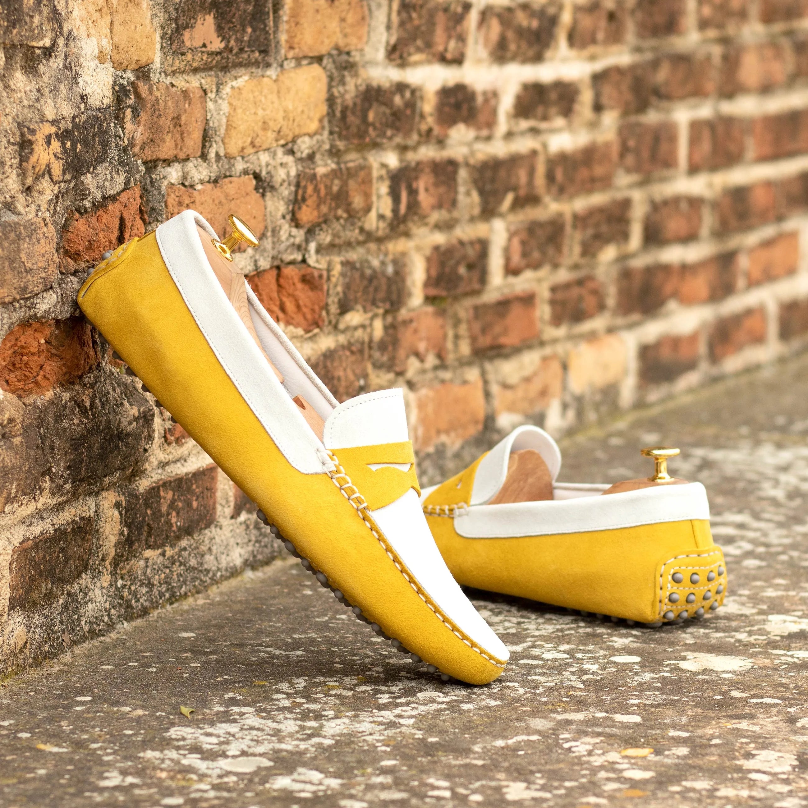 Kalma Driver yellow and white leather loafers, luxury bespoke shoes for men