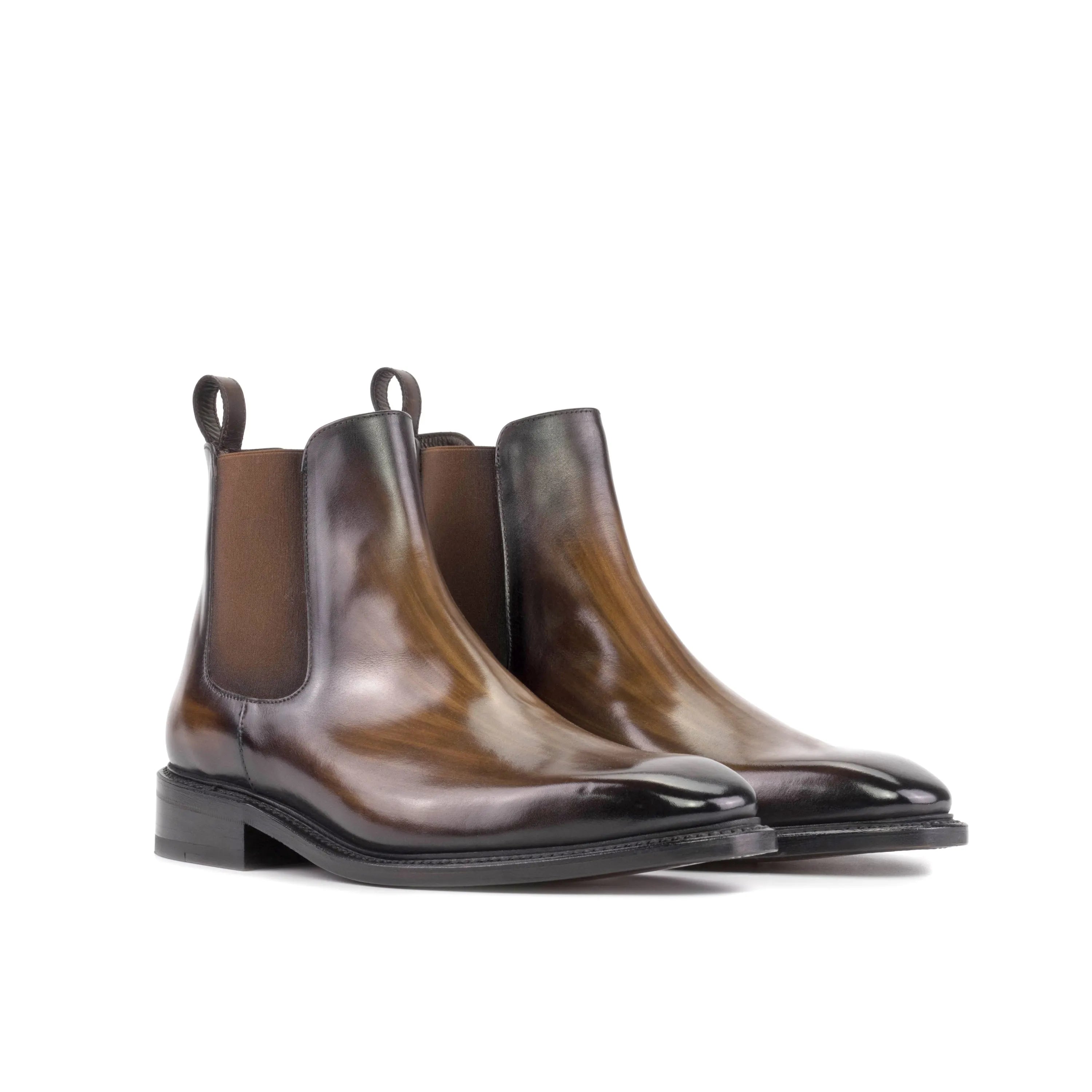 Kennedy patina Chelsea boots pair of brown leather back view
