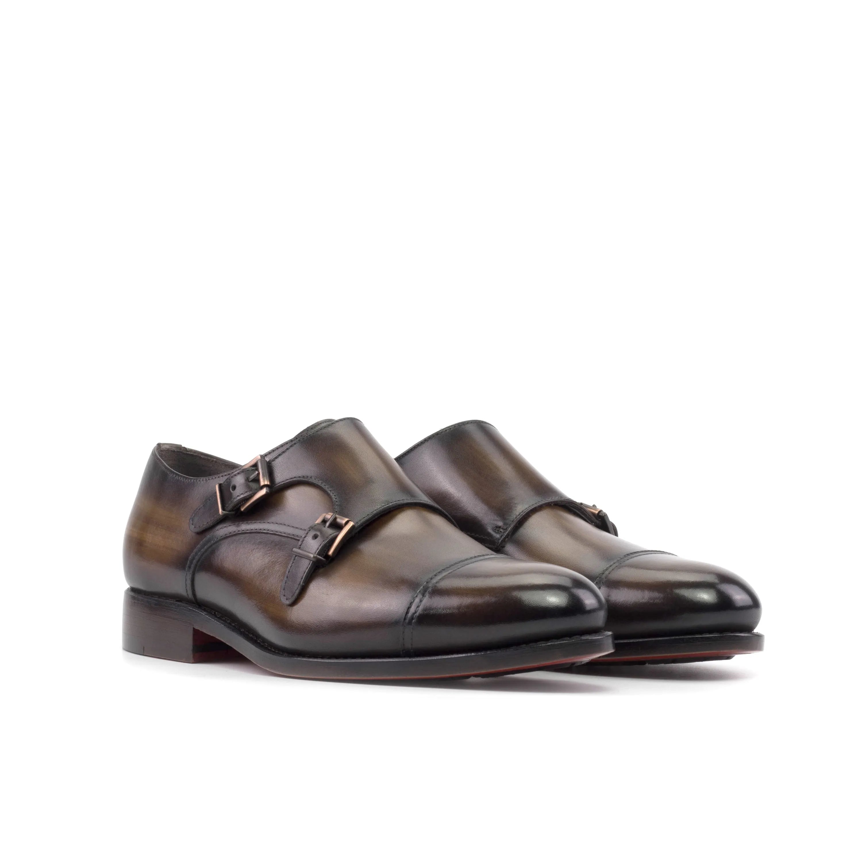 Kiyanoz patina double monk brown leather shoes back view