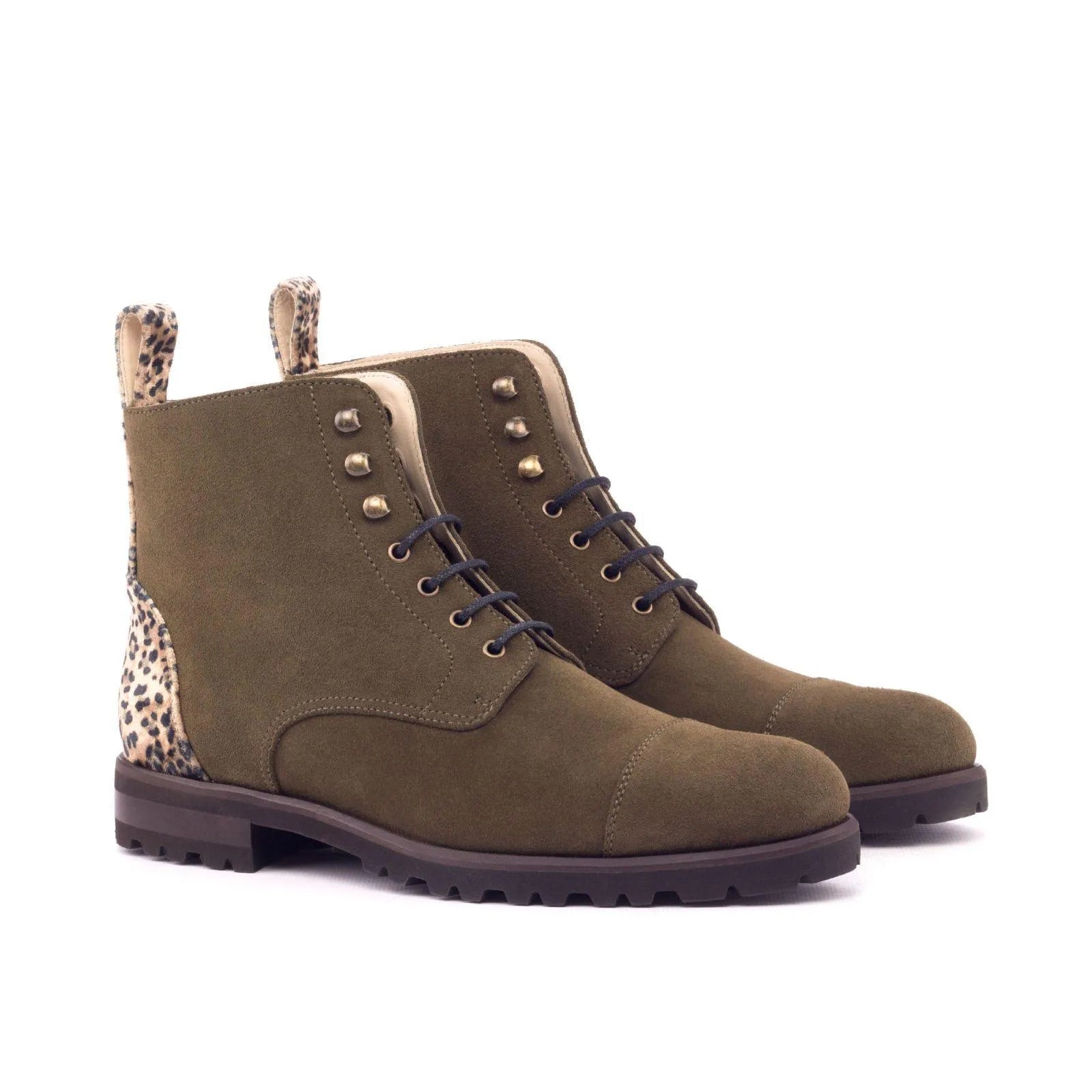 Layal ladies captoe boots II in olive green leather with leopard accents