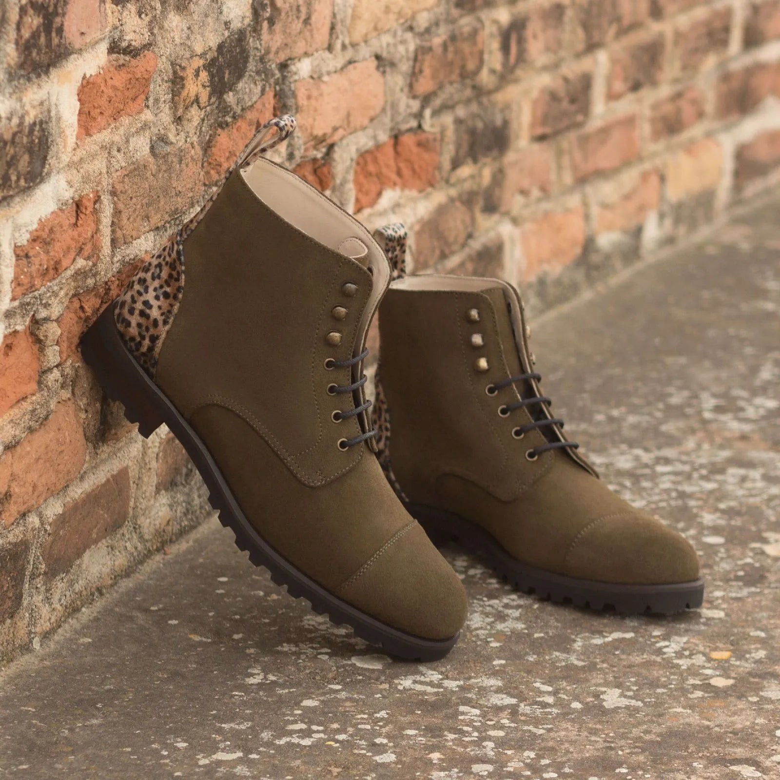 Layal ladies captoe boots in olive green with leopard print detail