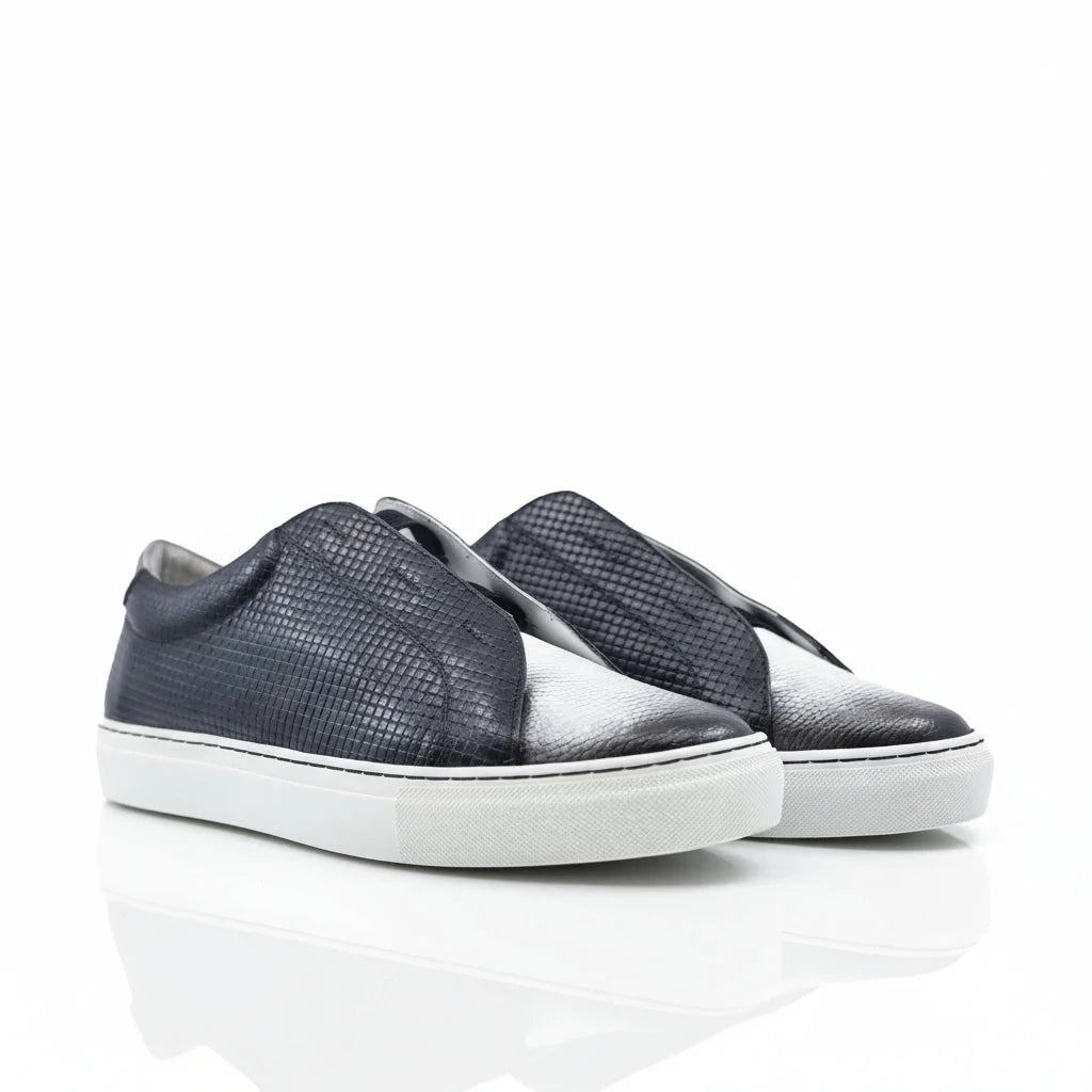 Leo19 laceless sneaker II with black snakeskin upper, white cupsole trainer soles