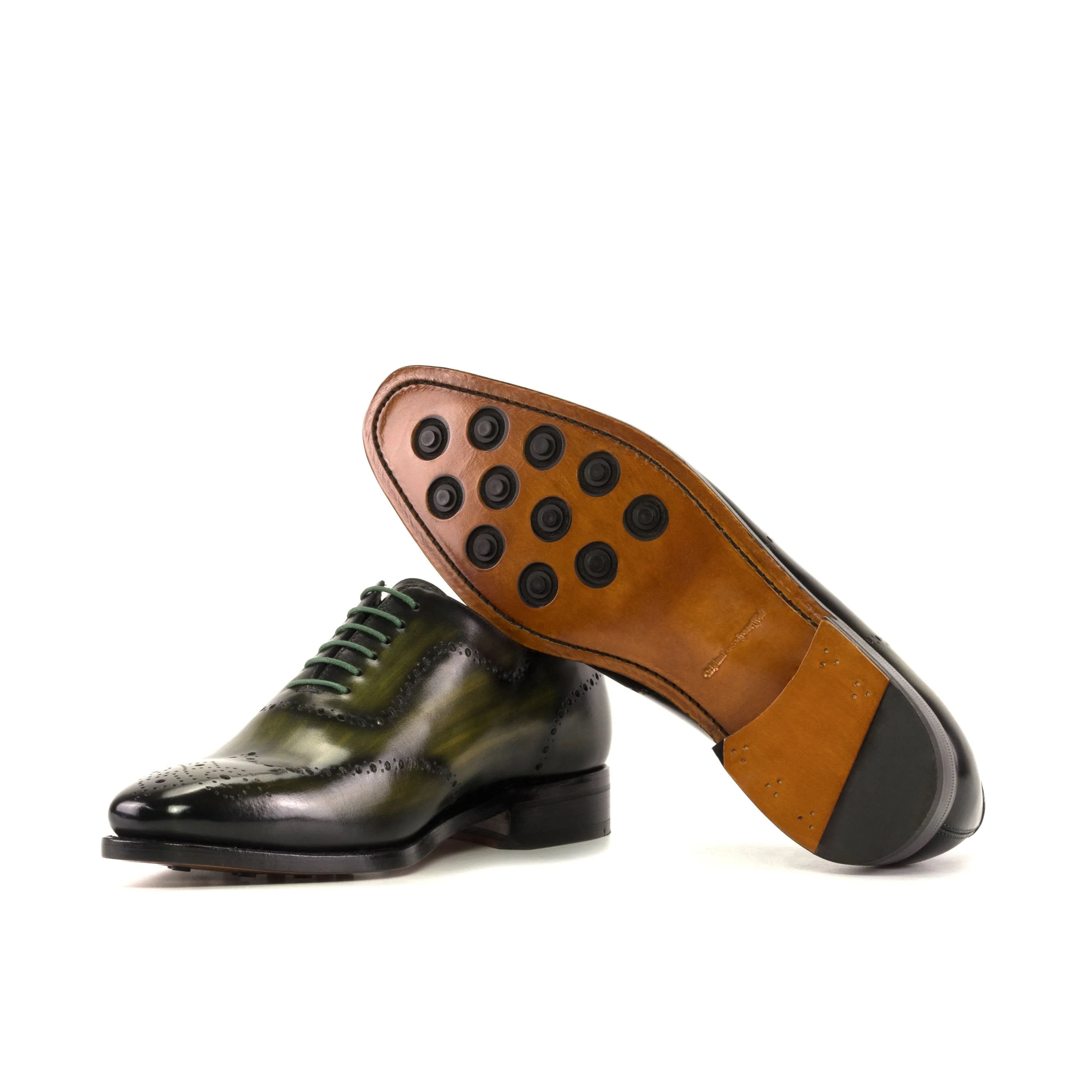 Lequa Wholecut Patina green leather dress shoes with rubber-studded soles