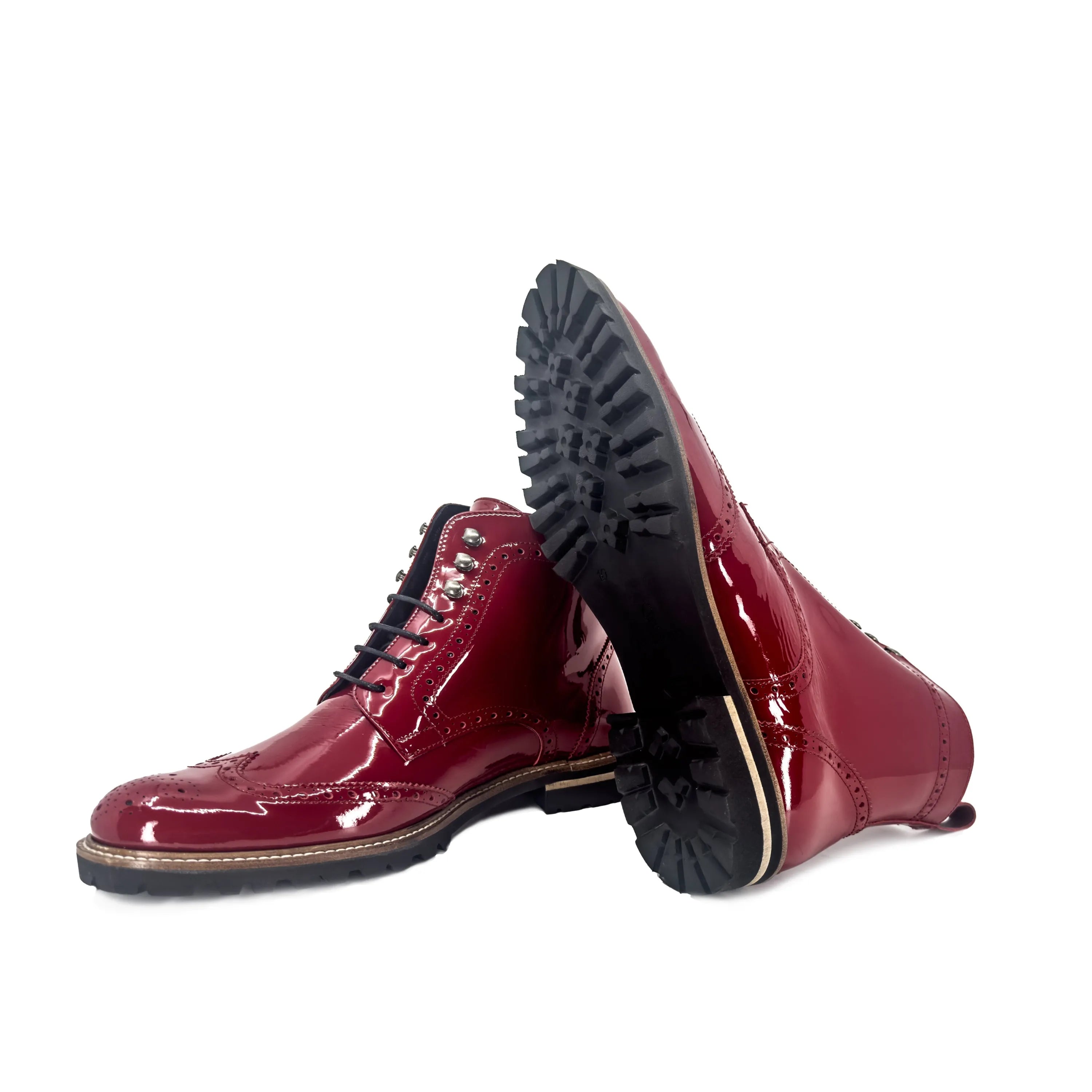 Lila unisex military brogue boots: shiny burgundy leather pair