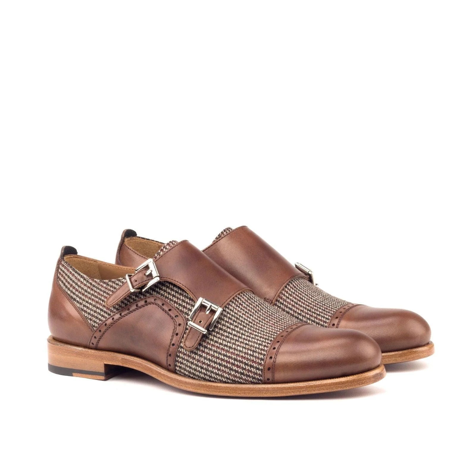 Lolas women double monk shoes II in brown leather with silver buckles