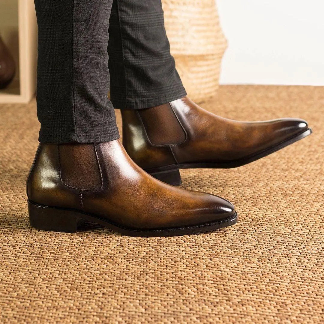 Lorenzo patina Chelsea boots in brown leather rear view