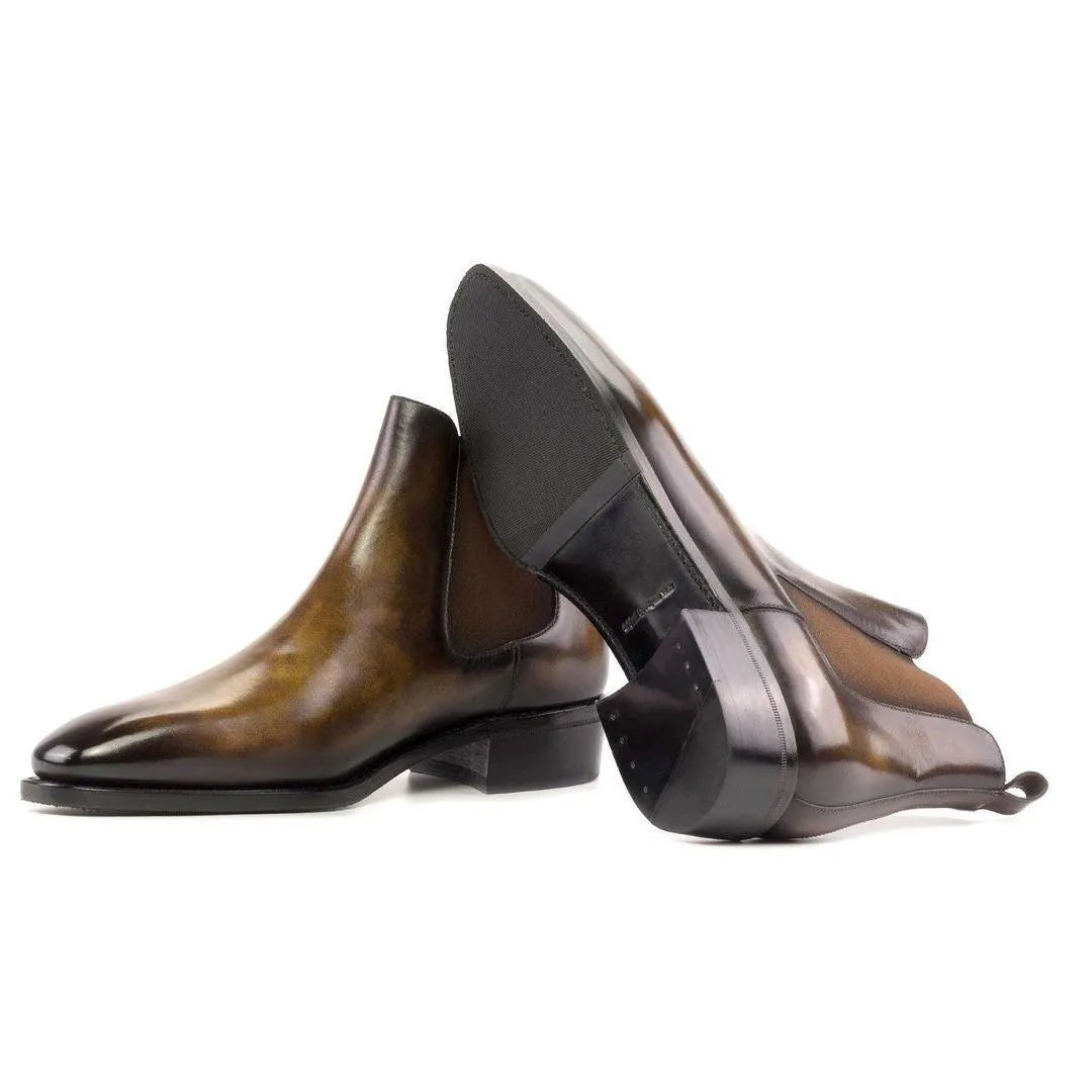 Lorenzo patina Chelsea boots pair of brown leather back view