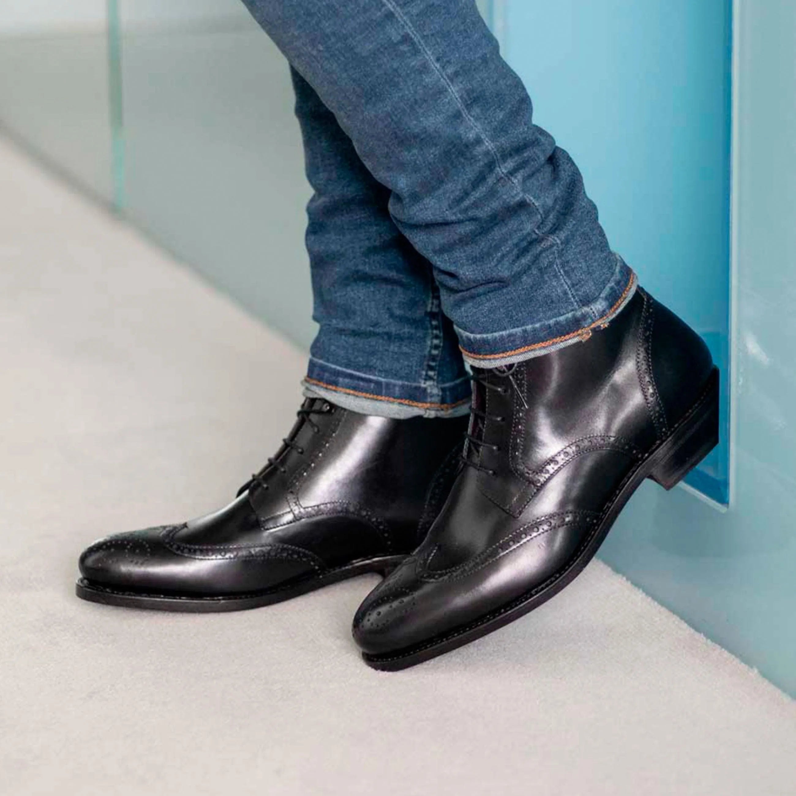 Luis Military Brogue Boots black leather wingtip back view