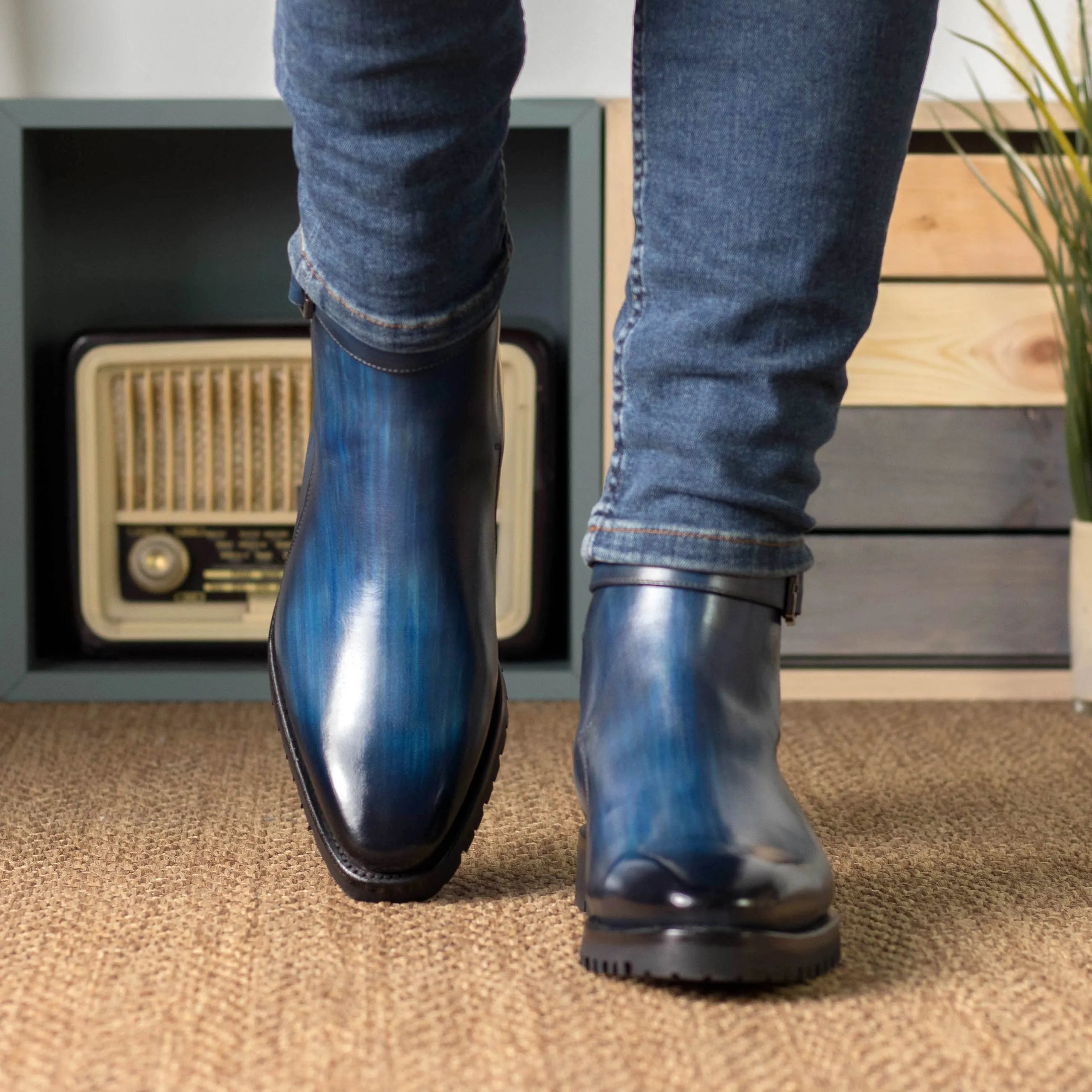 Blue Luxio Patina Jodhpur Boots II with strap-and-buckle fastener