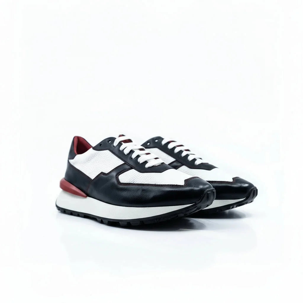 M10 Chunky Tempo Trainer Sneaker II in white black Italian leather with red accents
