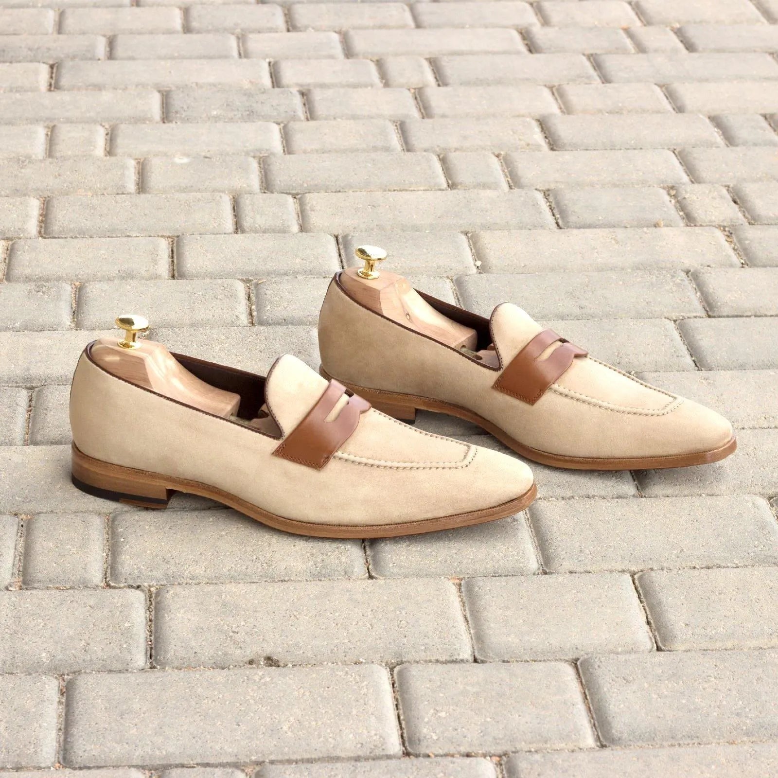 Back view of Madi loafers in beige suede penny style for men