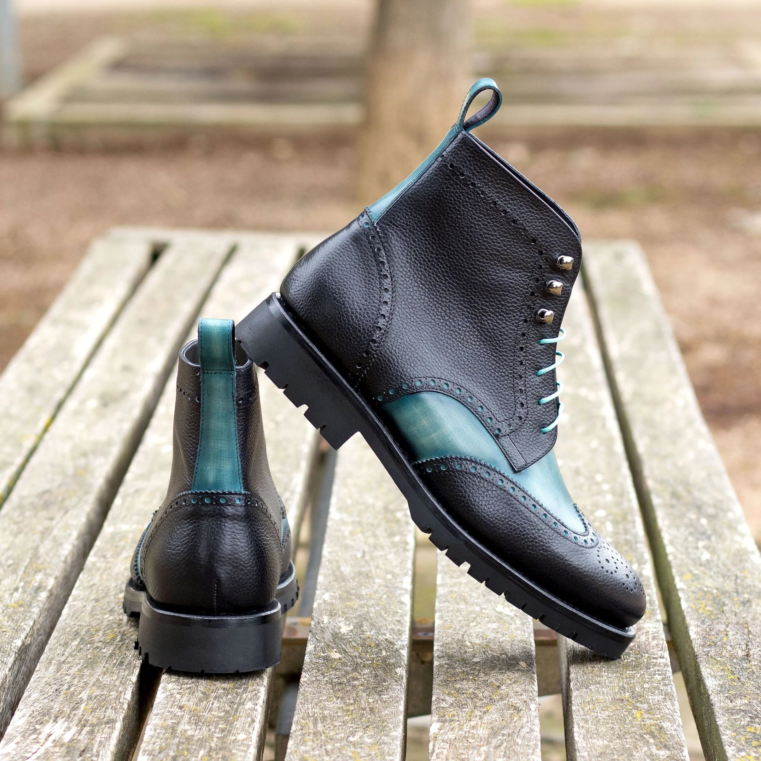 Manolo Patina military brogue boots in two-toned leather ankle style