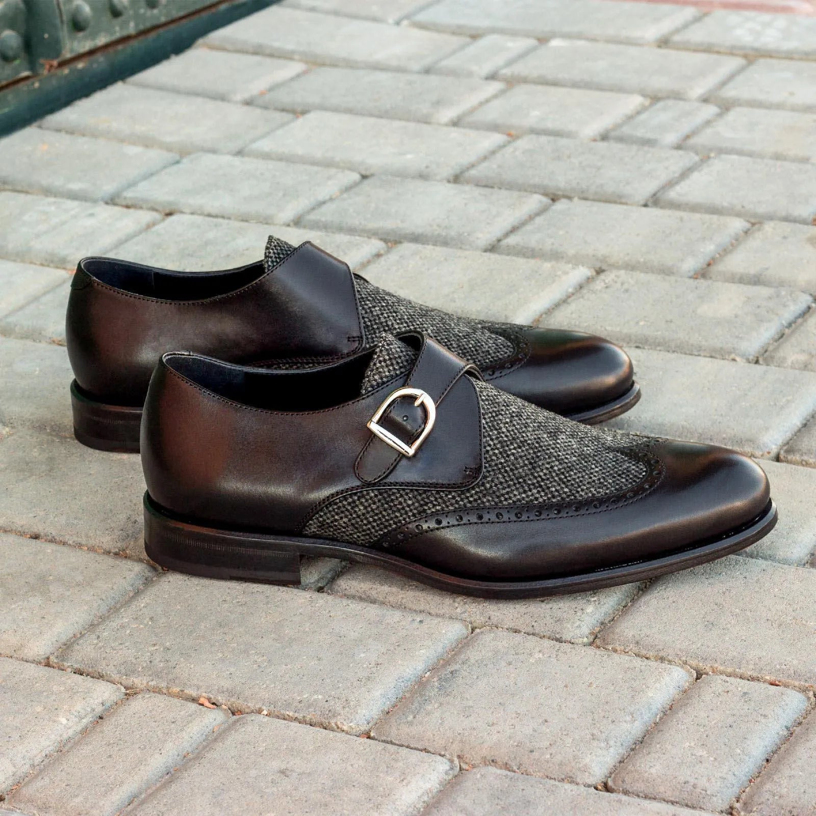Mina Sartorial single monk brown leather tweed shoes