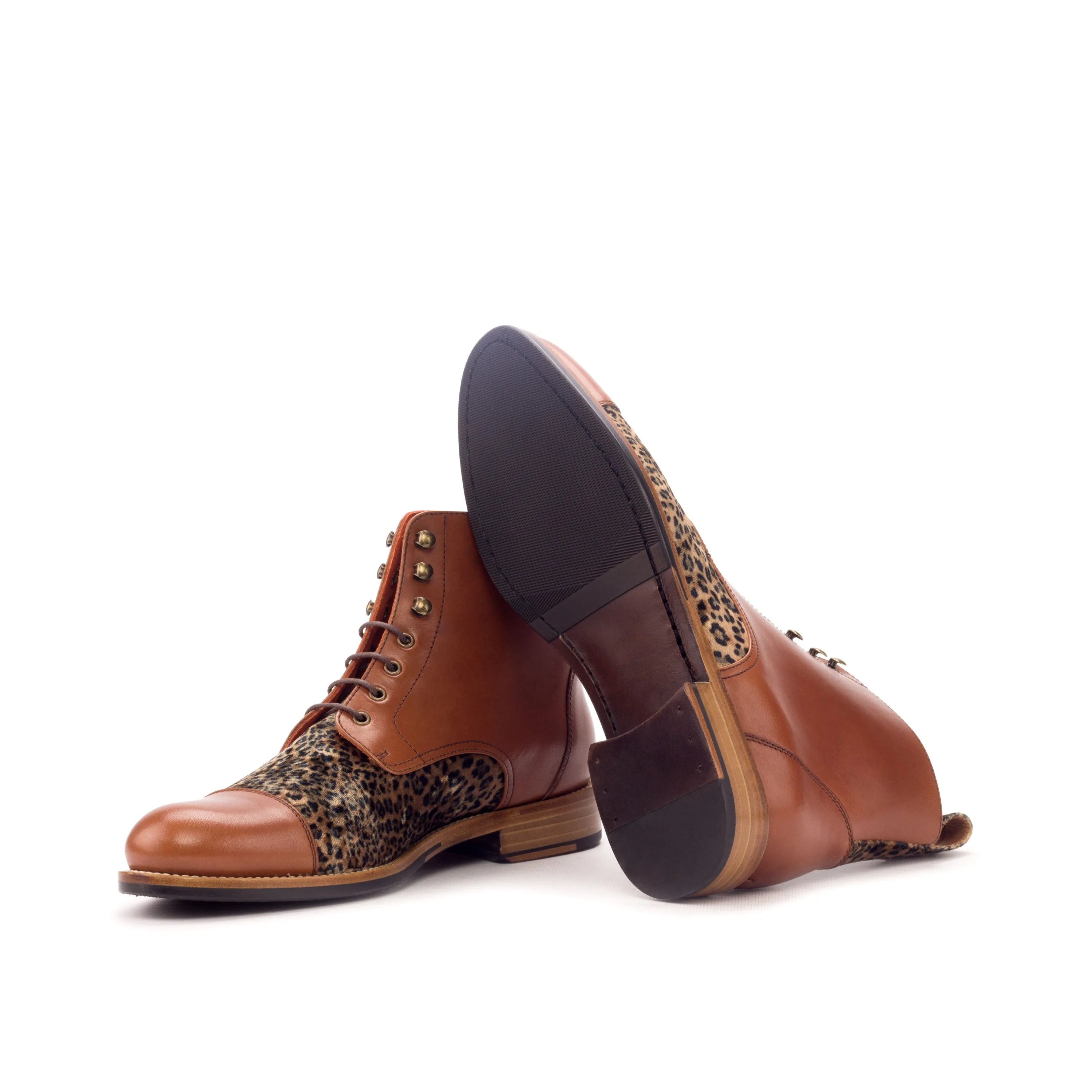 Brown leather and leopard print Mo Ladies captoe boots