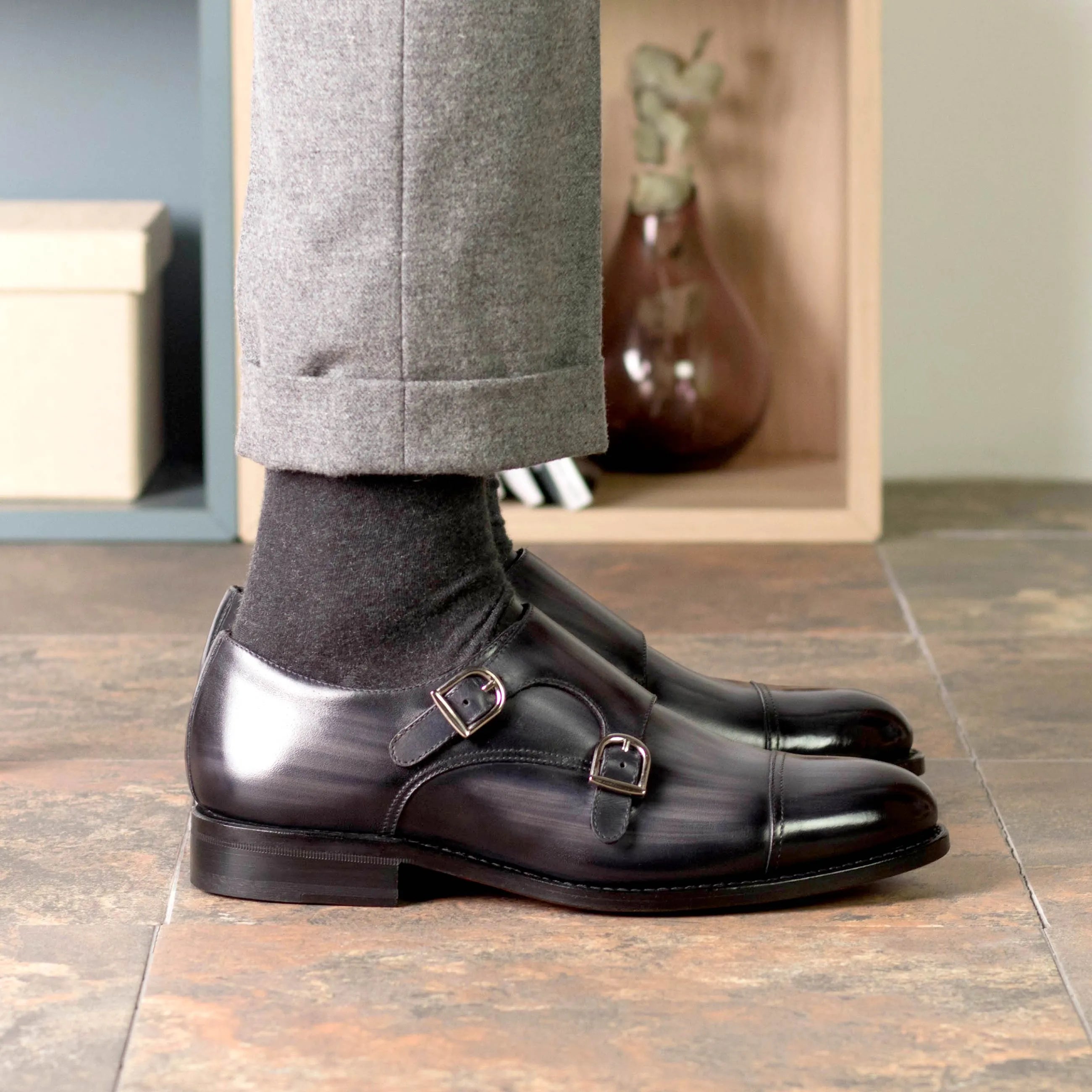 Gray leather Moedar Patina Double Monk strap shoes
