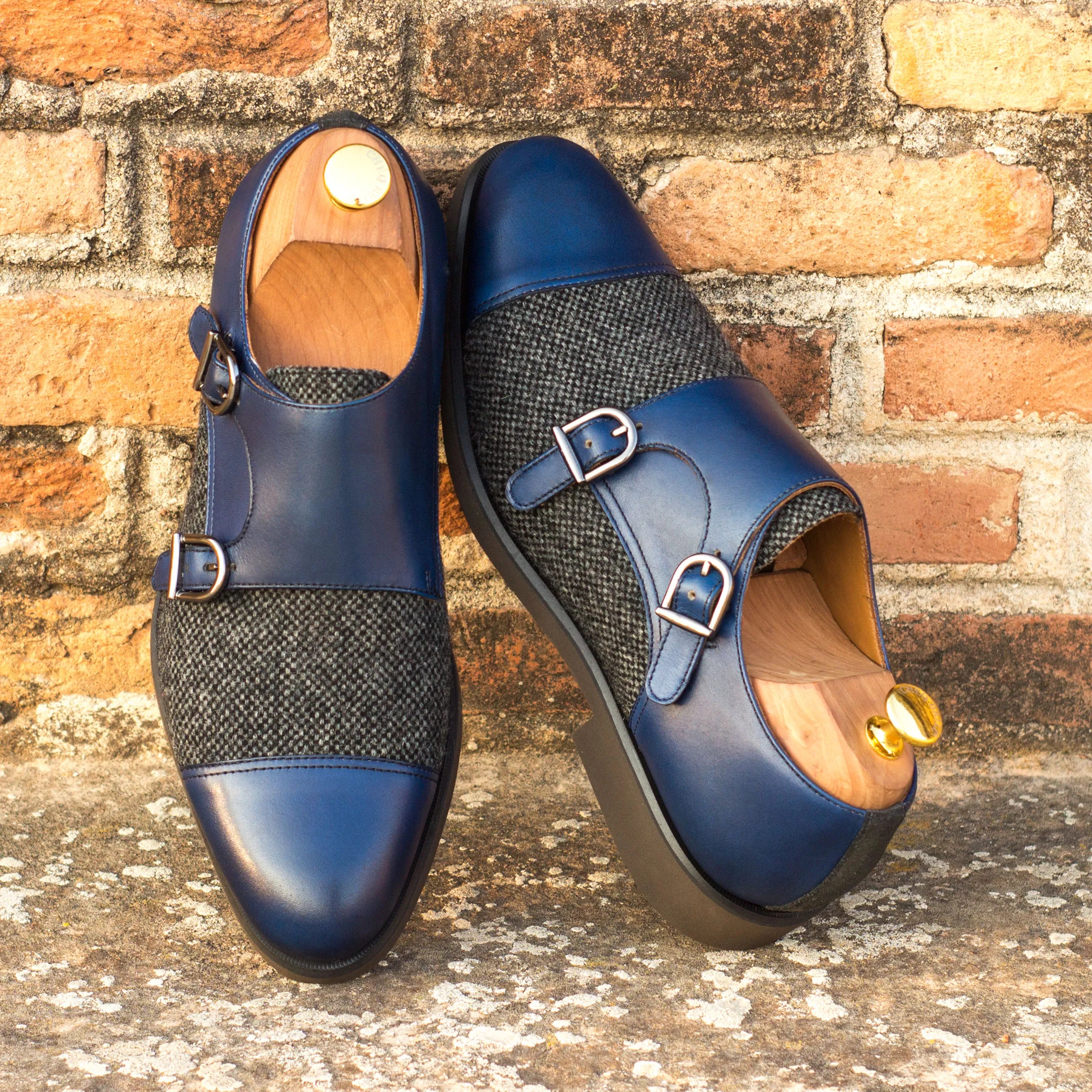 NYC Double Monk shoes in blue leather tweed double monk patina