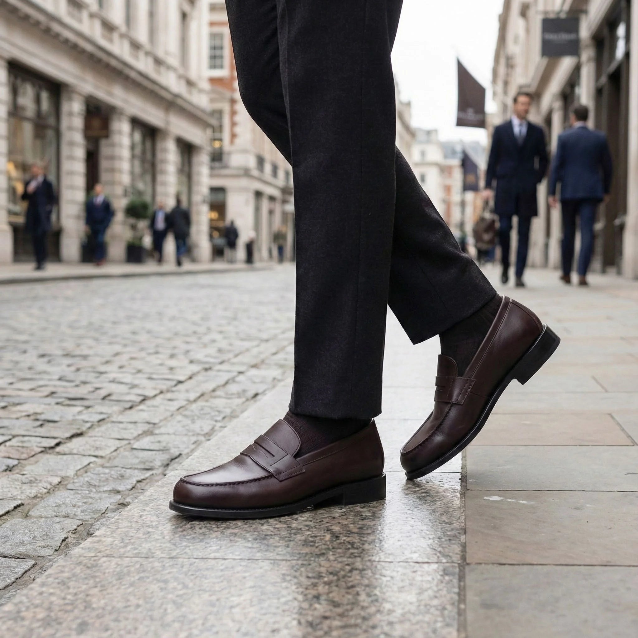 Office penny loafers in brown leather with strap and leather sole