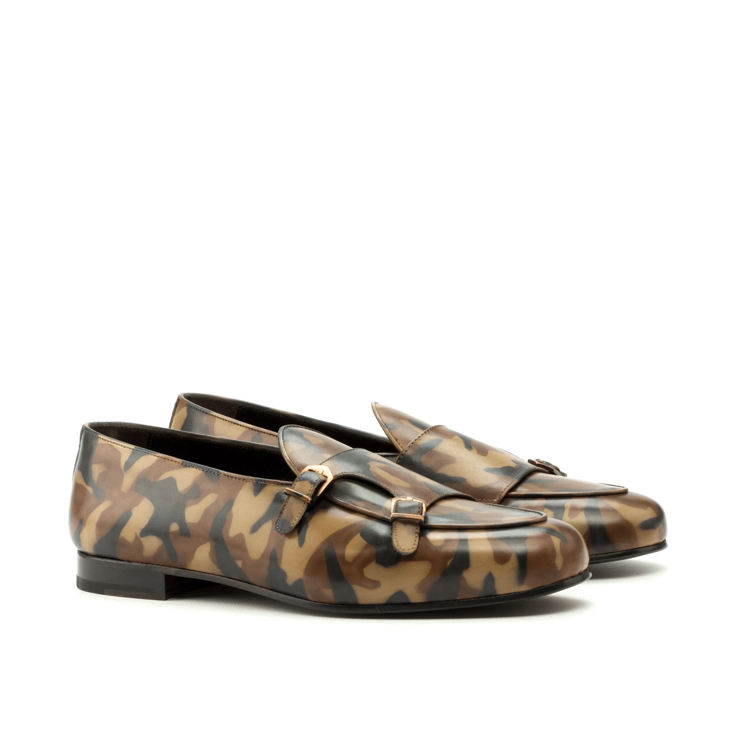 Pelagios Belgian Patina Monk Slipper II camouflage double monk strap loafers