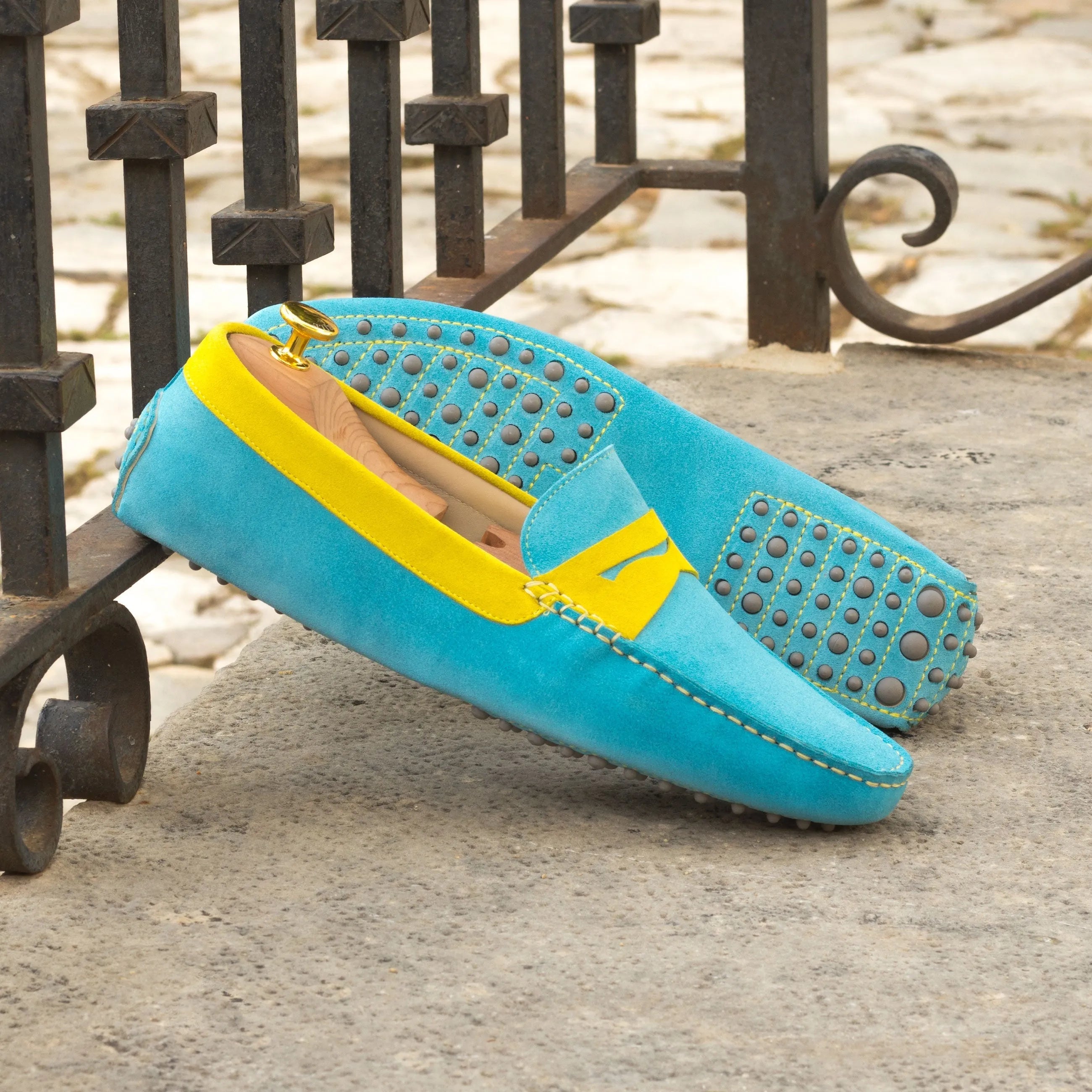 Polaris Driver turquoise and yellow suede luxury bespoke shoes for men