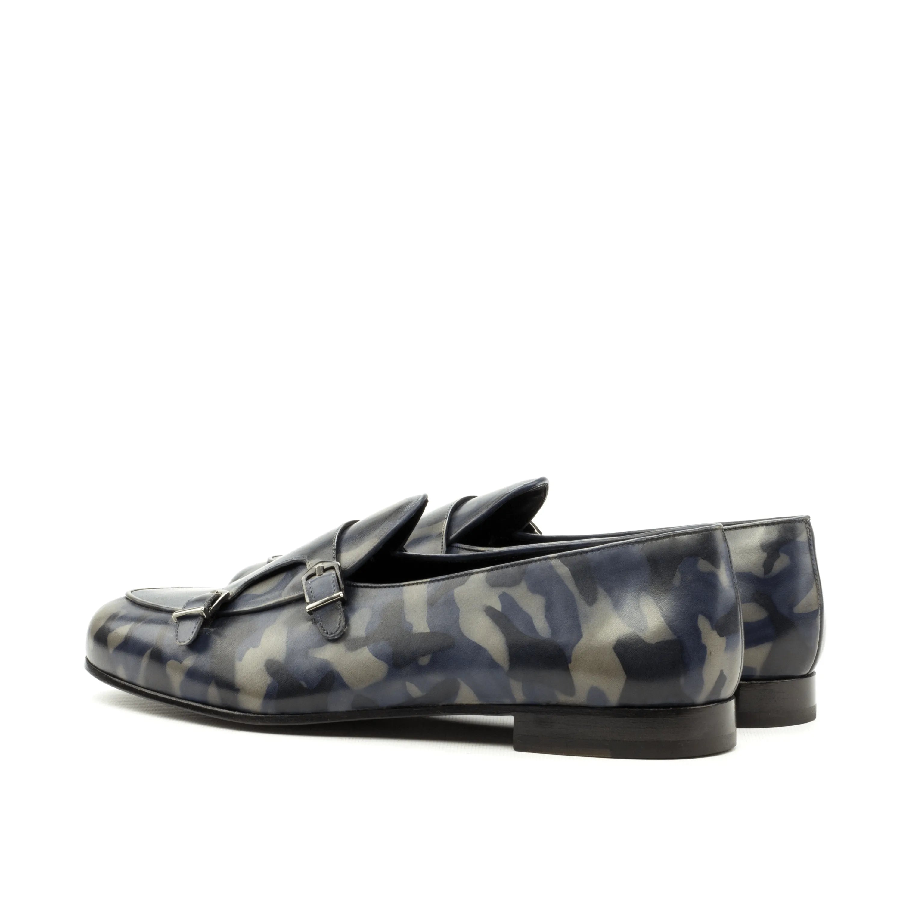 Pyyros Patina Belgian monk slipper in camo leather back view