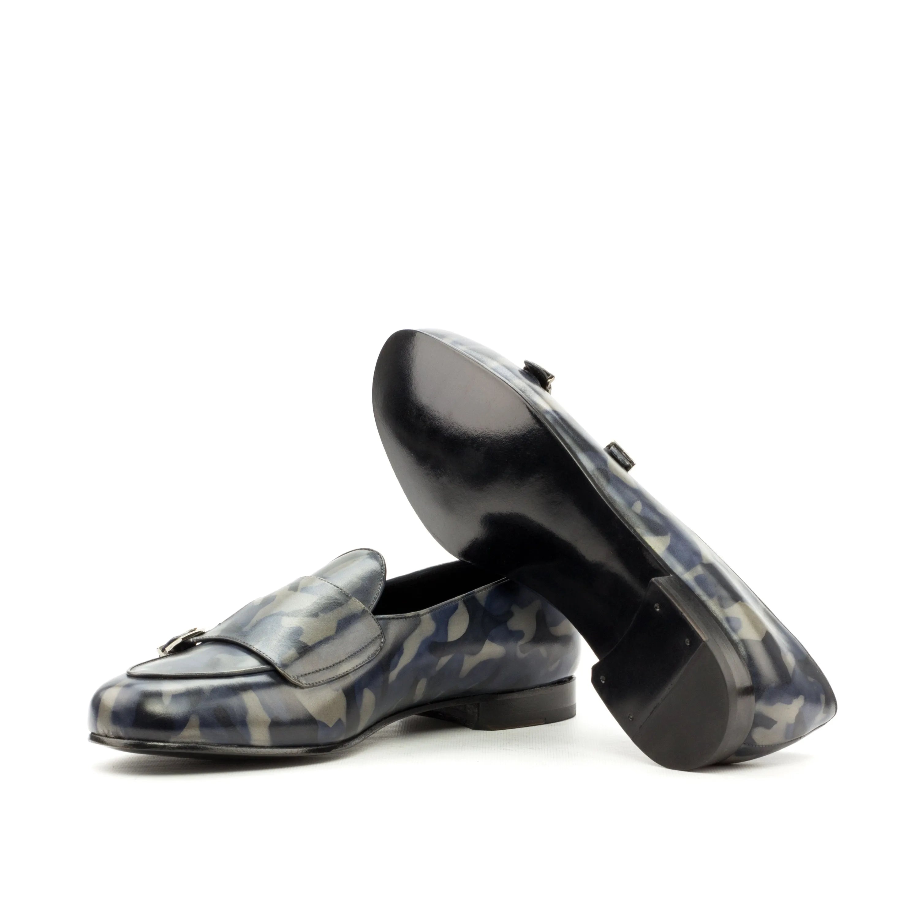 Pyyros Patina Belgian monk slipper in camouflage patterned leather