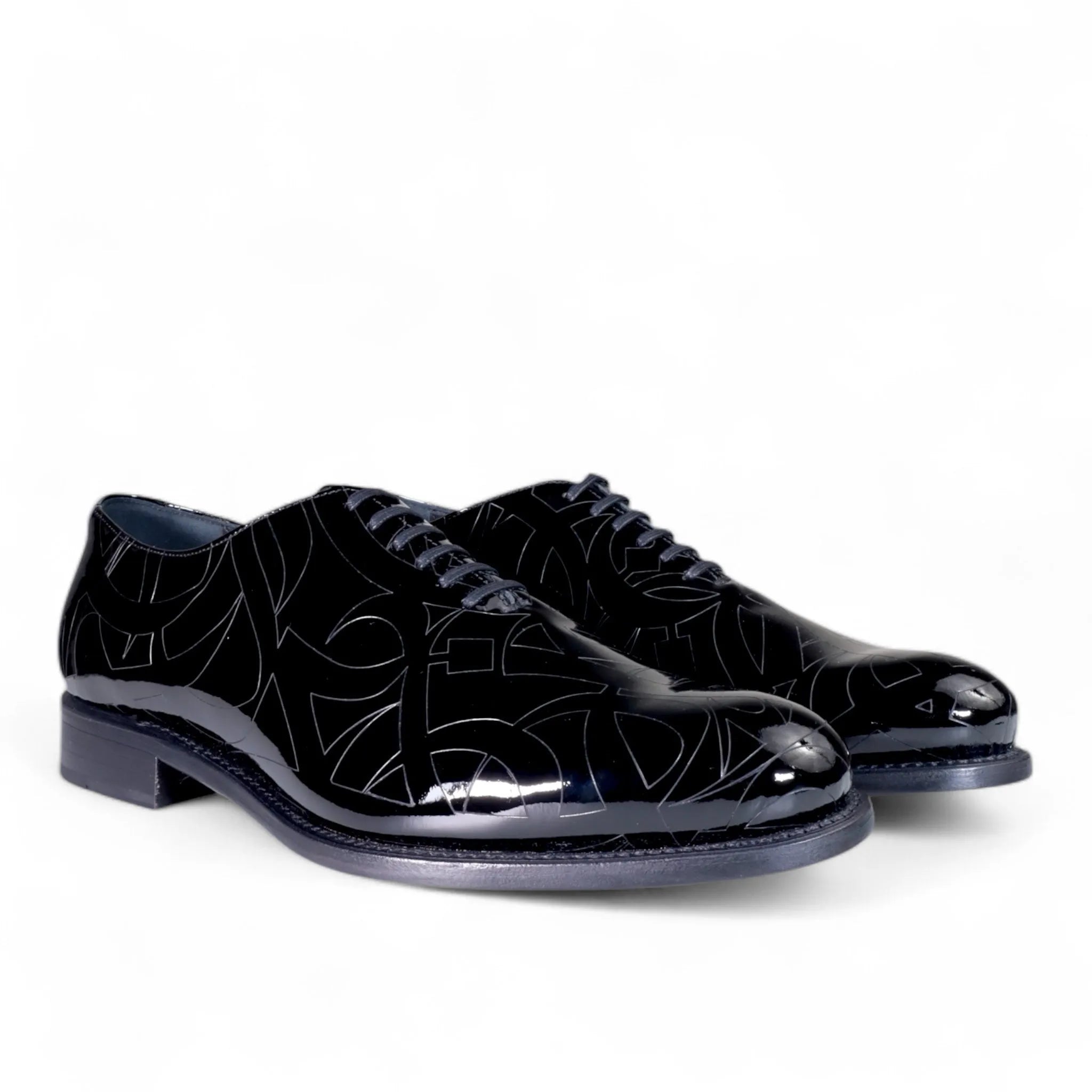 Quswa Noir premium Italian black patent leather wholecut dress shoes back view