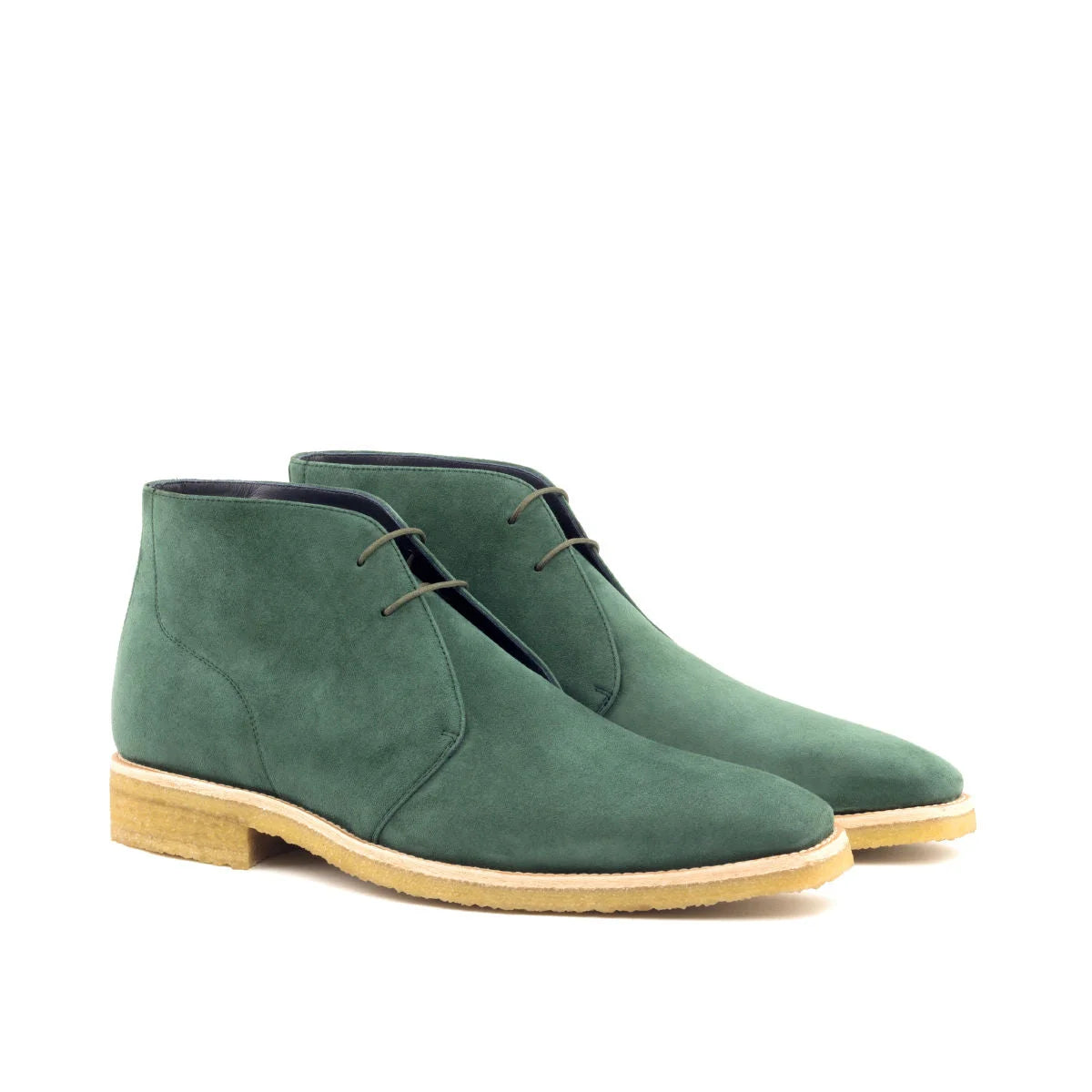 Rapa Chukka Boots II: green suede chukka boots with tan rubber soles