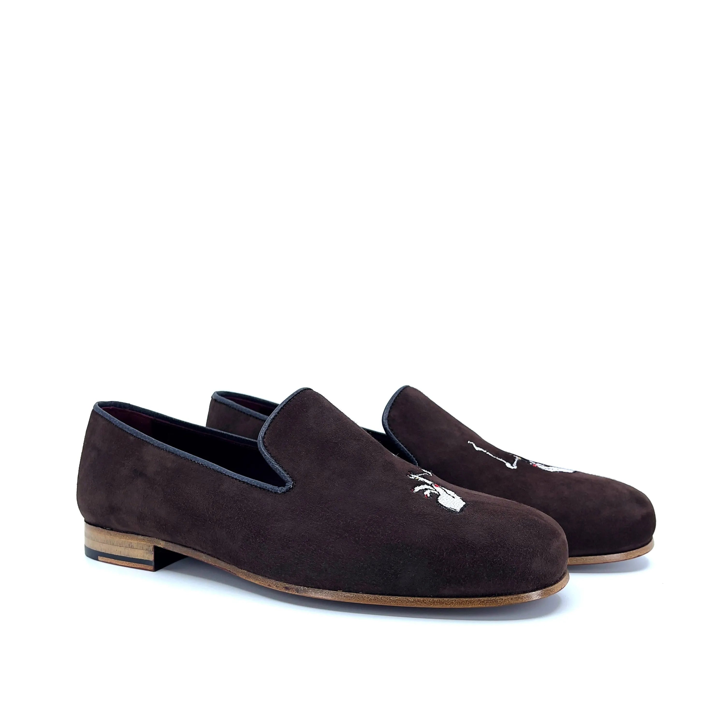 Redd wellington slipon brown suede loafers with white embroidery