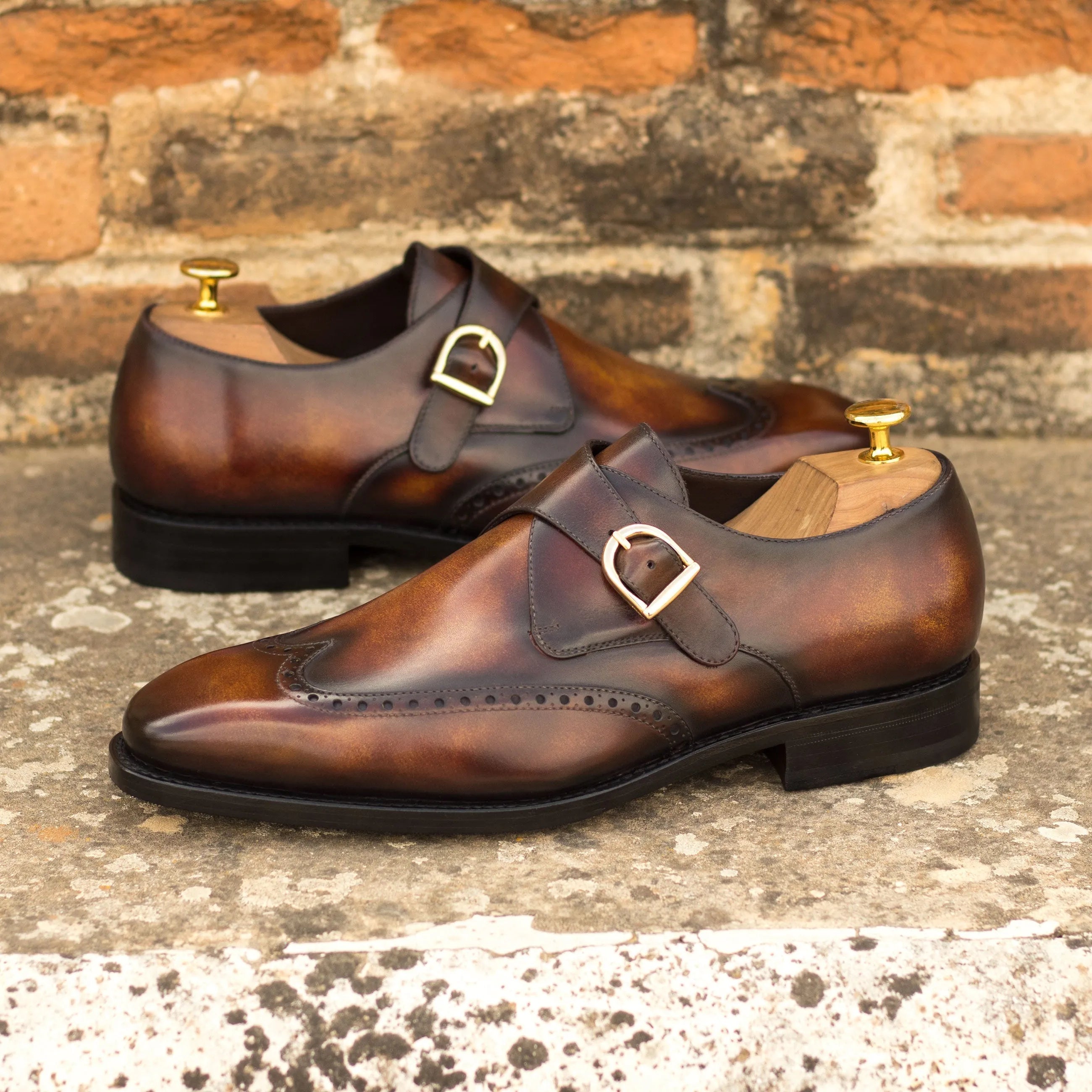 Rinos single monk patina shoes in brown leather back view