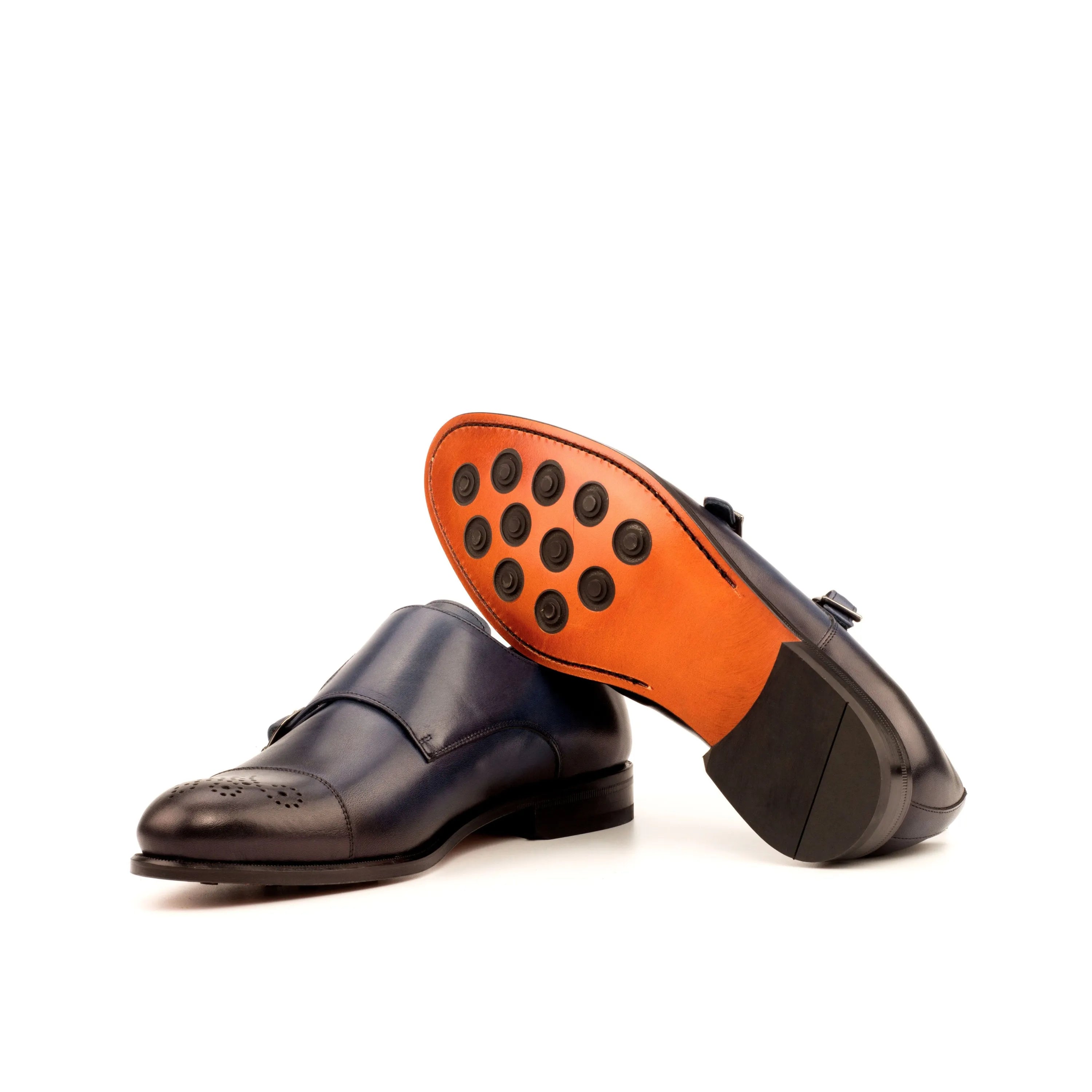 Rivo double monk shoes in blue leather with patina finish